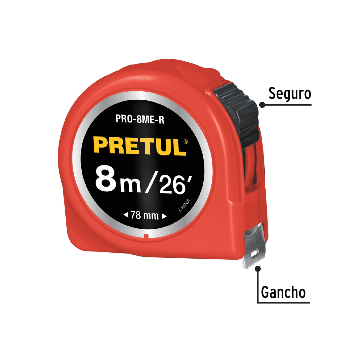 Flexómetro Rojo 8 m Cinta 25 mm, en Tarjeta, Pretul