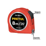 Flexómetro Rojo 8 m Cinta 25 mm, en Tarjeta, Pretul