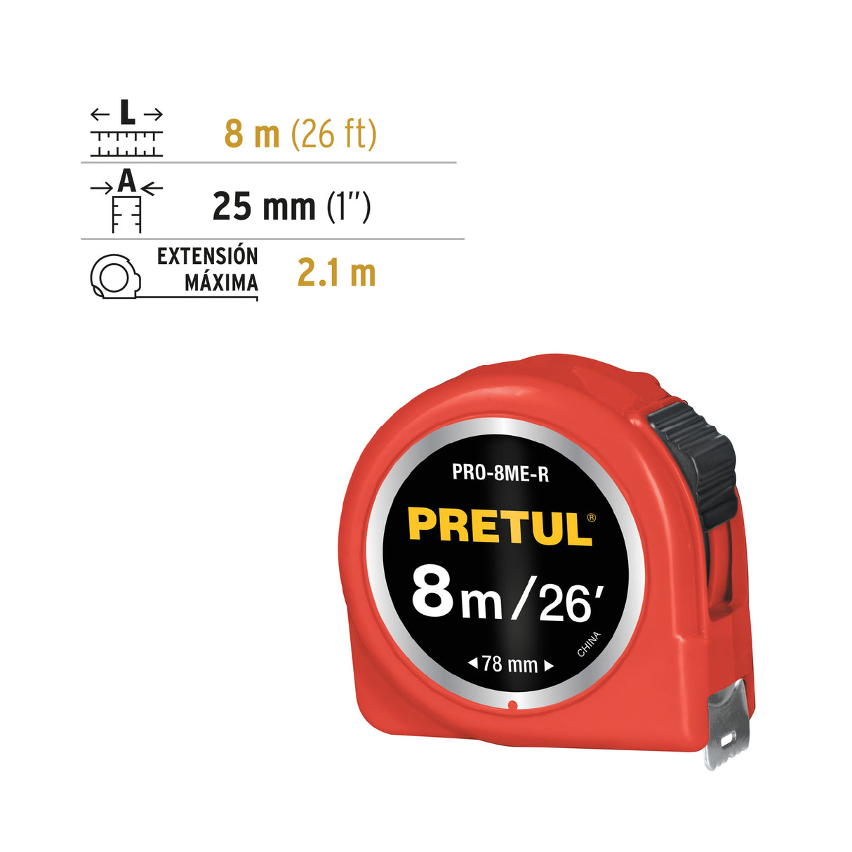 Flexómetro Rojo 8 m Cinta 25 mm, en Tarjeta, Pretul