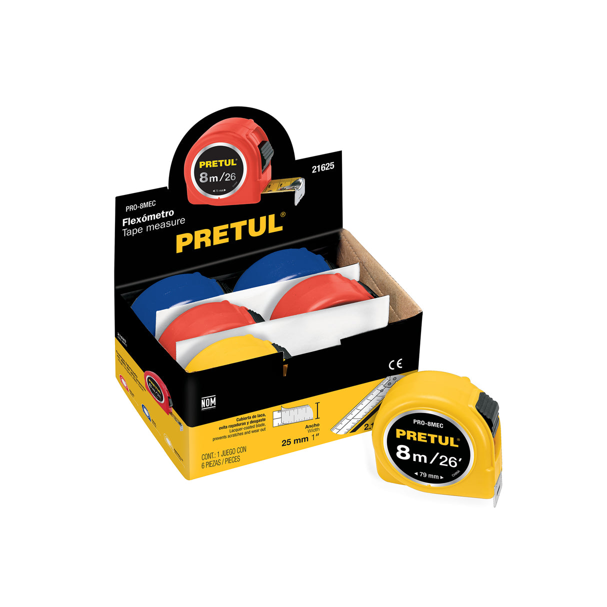 Flexómetro 8 m Cinta 25 mm, Display Box con 6 Pzas, Pretul