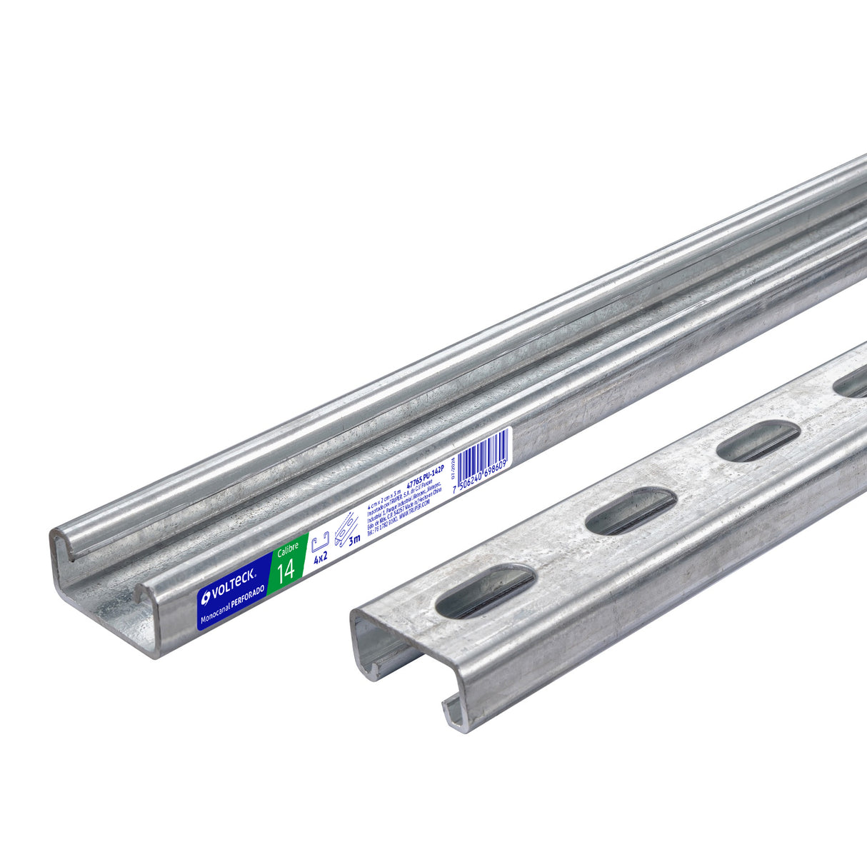 Perfil monocanal perforado de 3 m, 4 x 2 cm cal. 14, Volteck