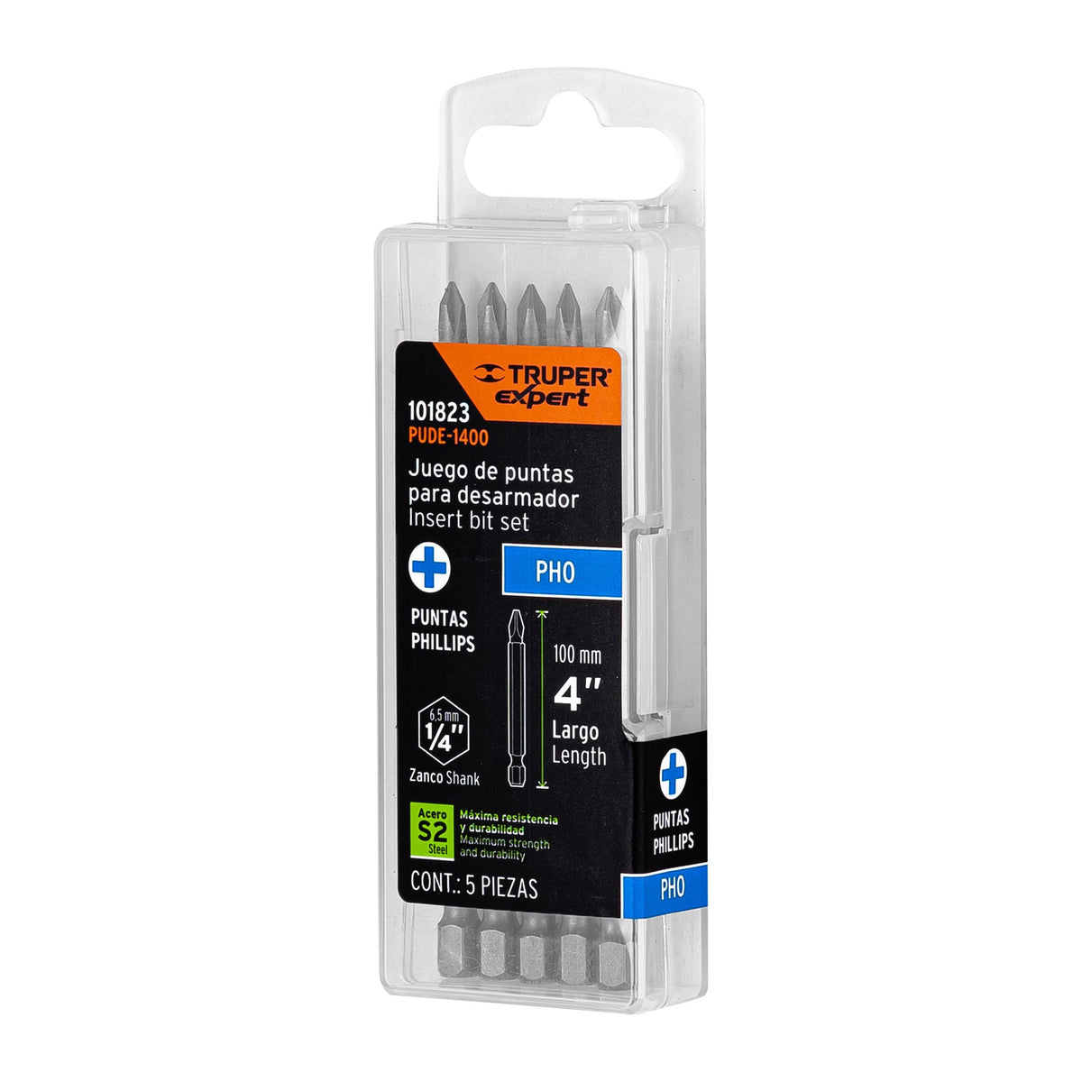 Estuche con 5 Puntas de Cruz PH0 Largo 4', Truper Expert
