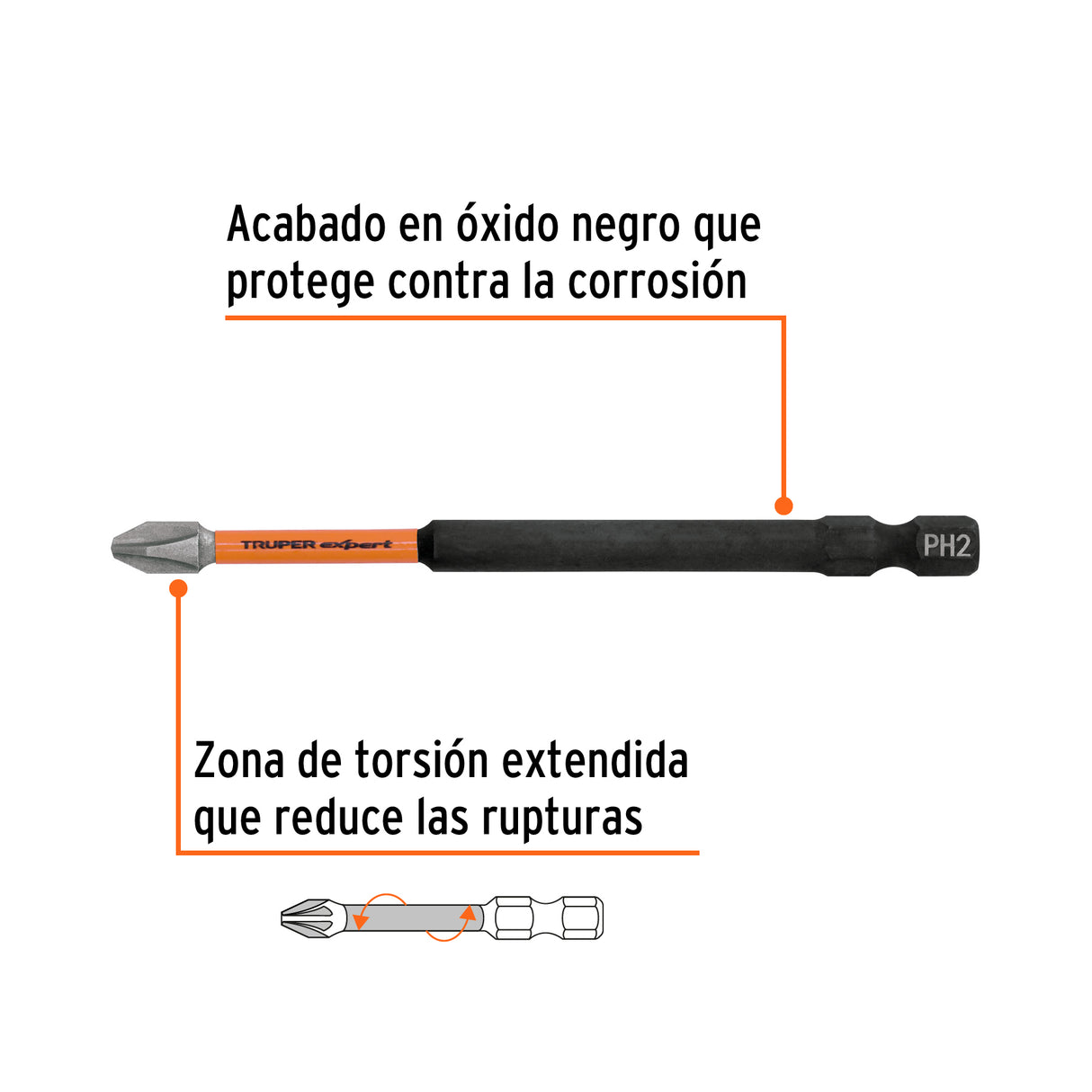 Estuche con 5 Puntas de Cruz PH2 de Impacto Largo 4'