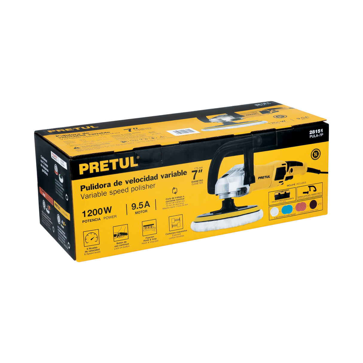 Pulidora Rotativa 7', 1200 W, con Accesorios, Pretul