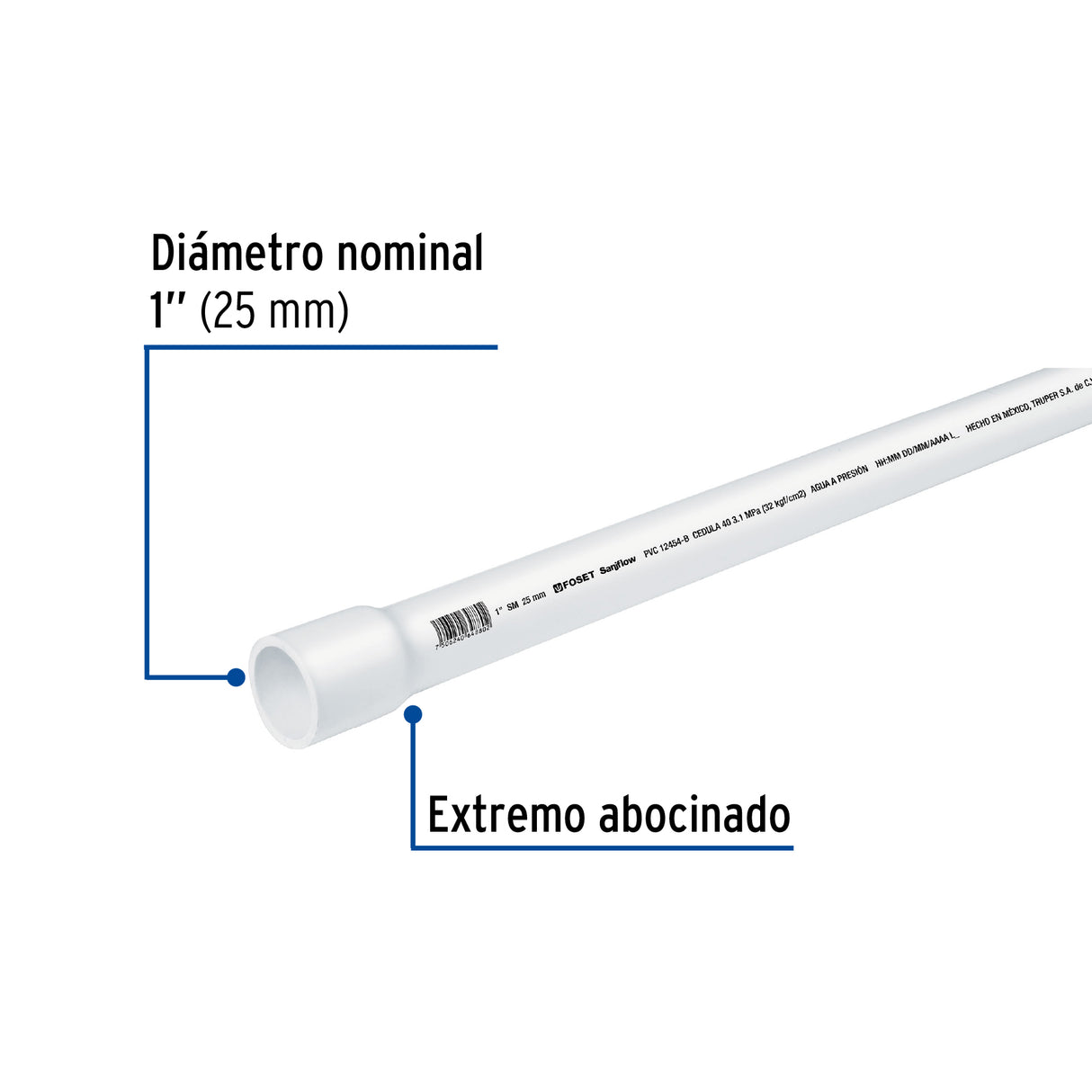 Tubo de 1' PVC Hidráulico Cédula 40, 3M, 1.4 kg, Foset