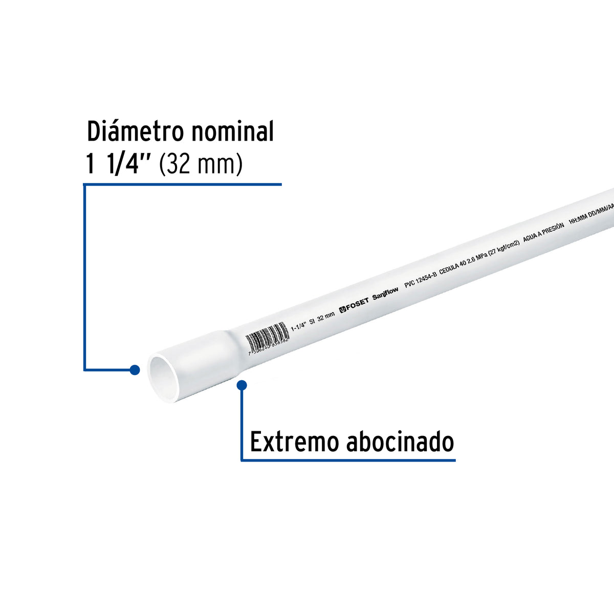 Tubo de 1-1/4' PVC Hidráulico Cédula 40, 3M, 1.9 kg, Foset