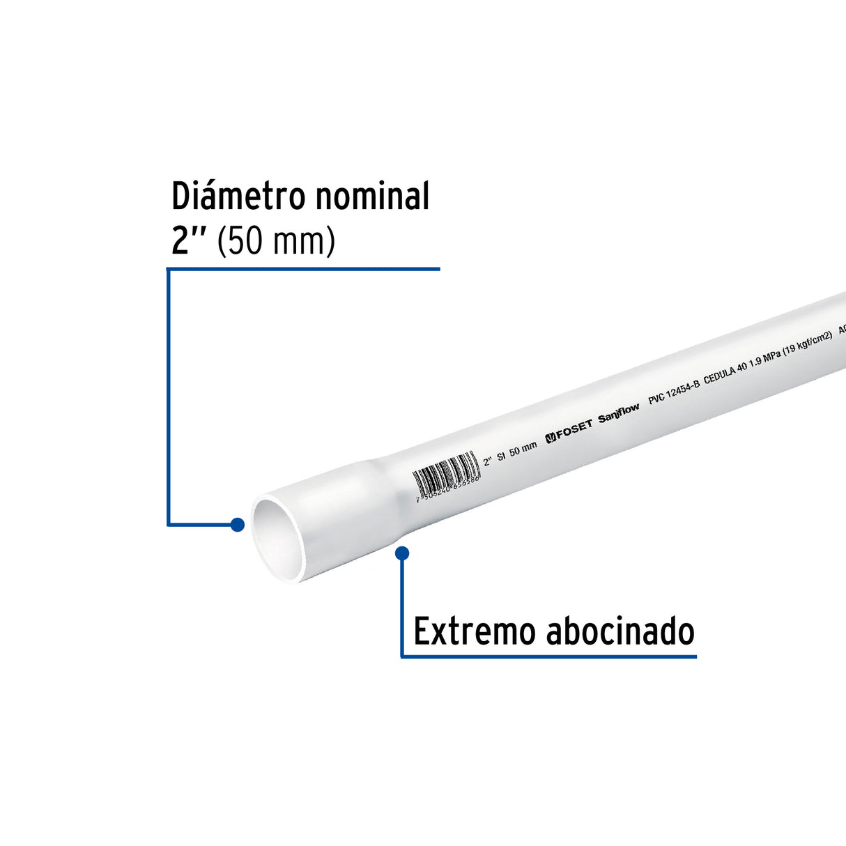 Tubo de 2' PVC Hidráulico Cédula 40, 3M, 3.1 kg, Foset