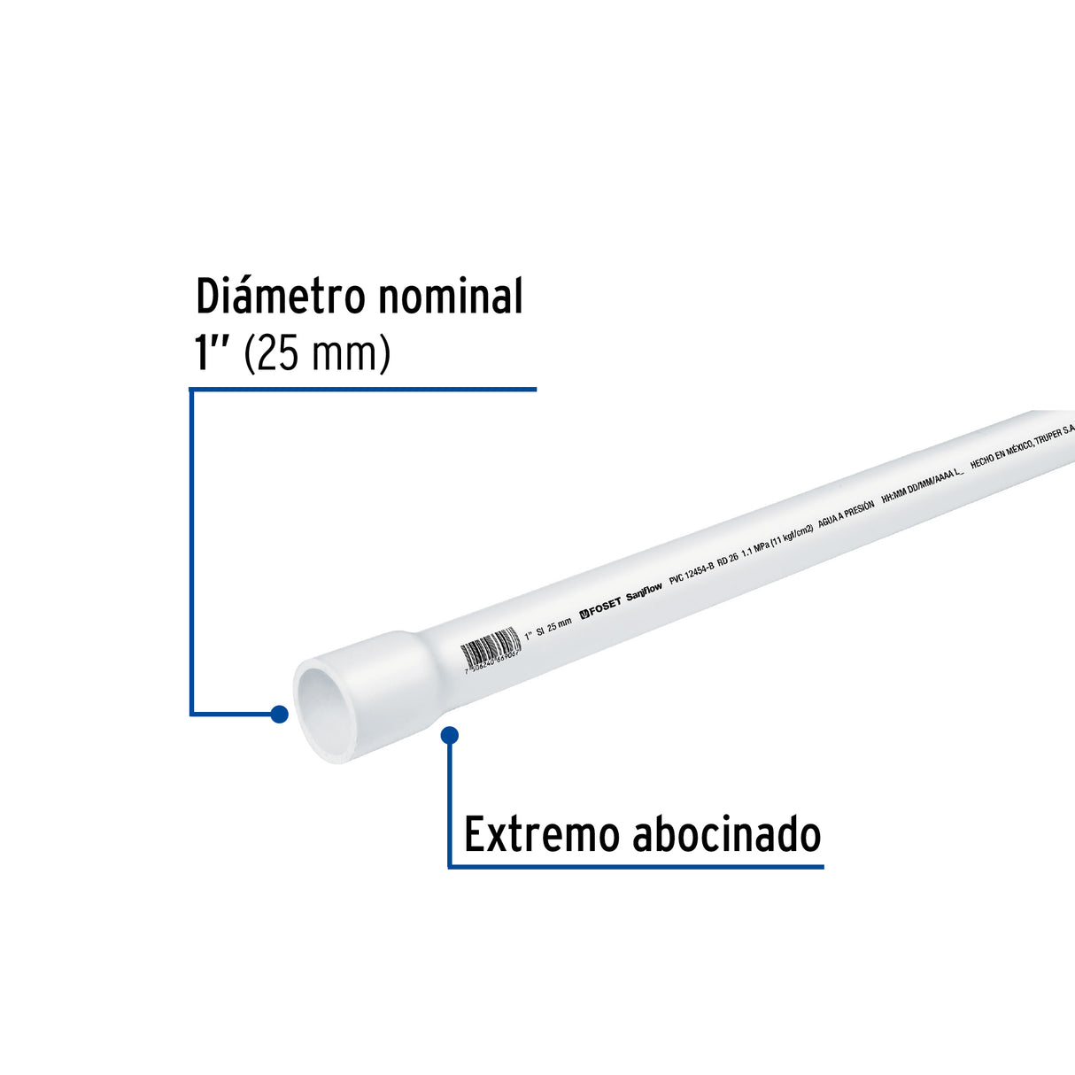 Tubo de 1' PVC Hidráulico Rd 26, 3M, 0.6 kg, Foset