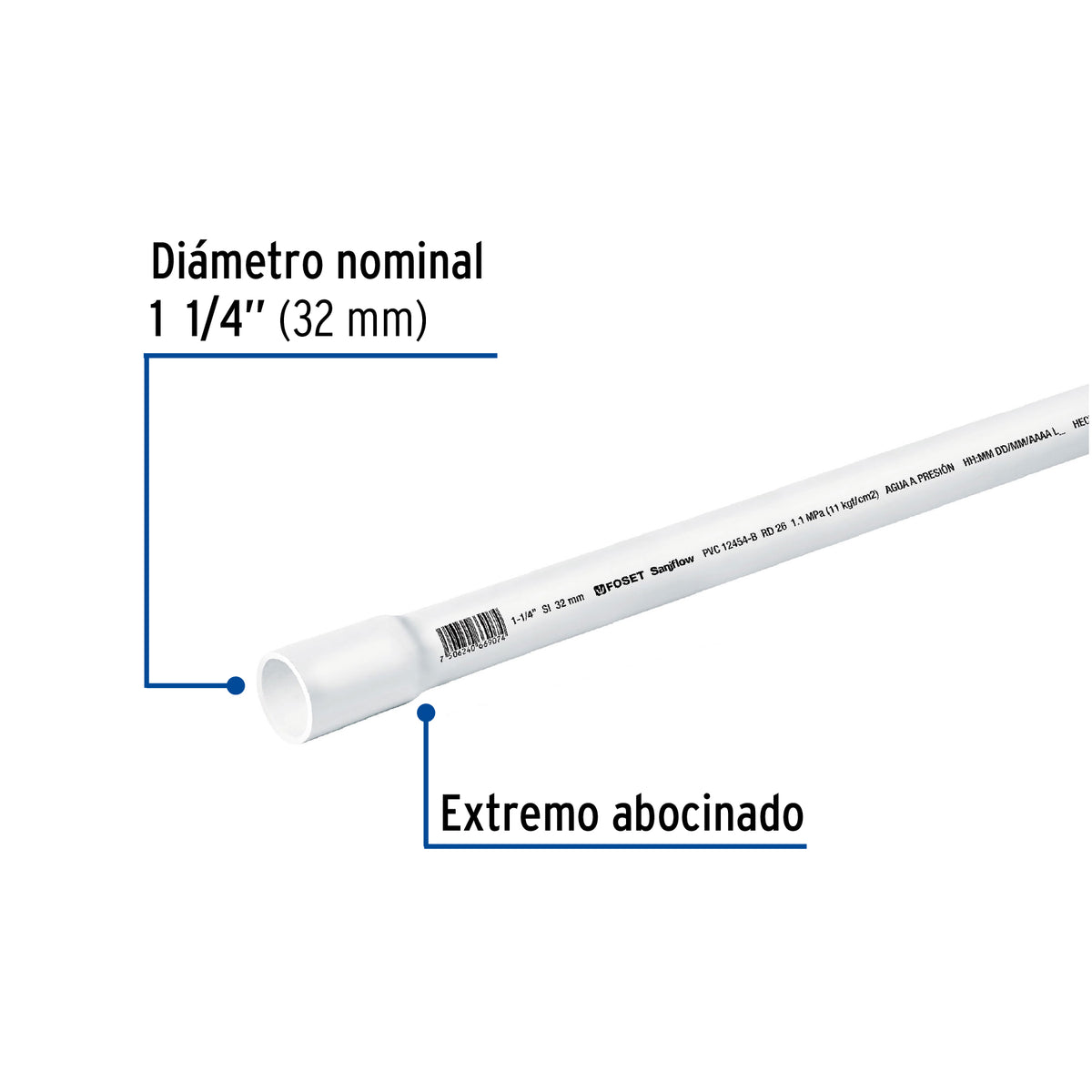 Tubo de 1-1/4' PVC Hidráulico Rd 26, 3M, 0.9 kg, Foset