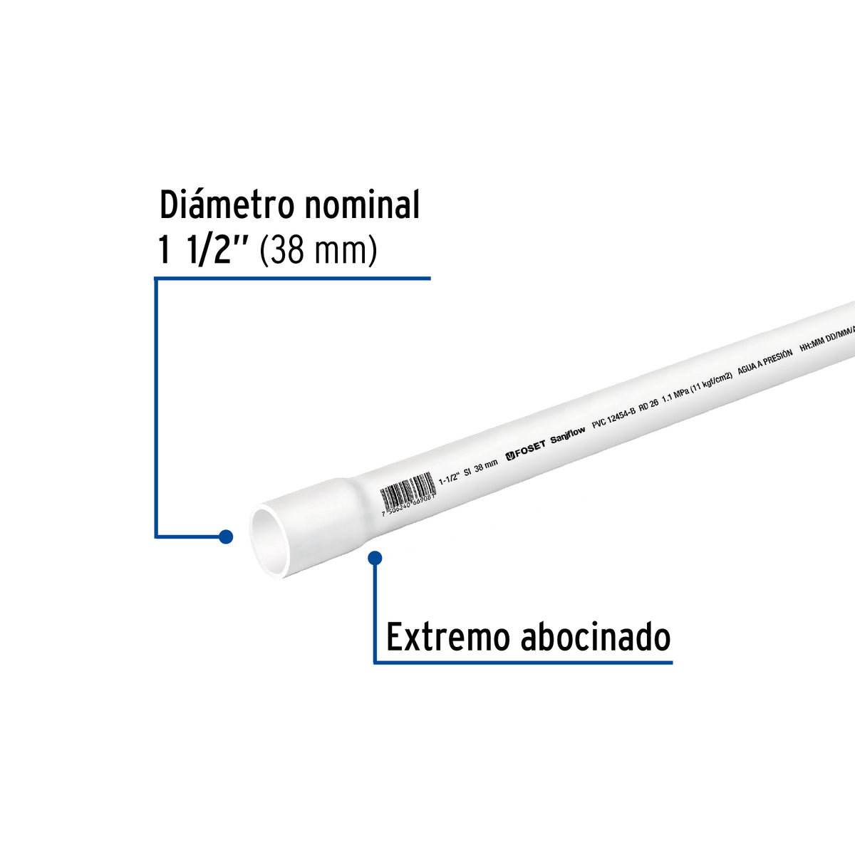 Tubo de 1-1/2' PVC Hidráulico Rd 26, 3M, 1.2 kg, Foset