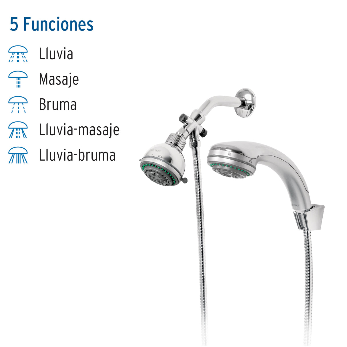 Regadera Doble Fija y Teléfono 3-1/4', 5 Funciones, Aqua