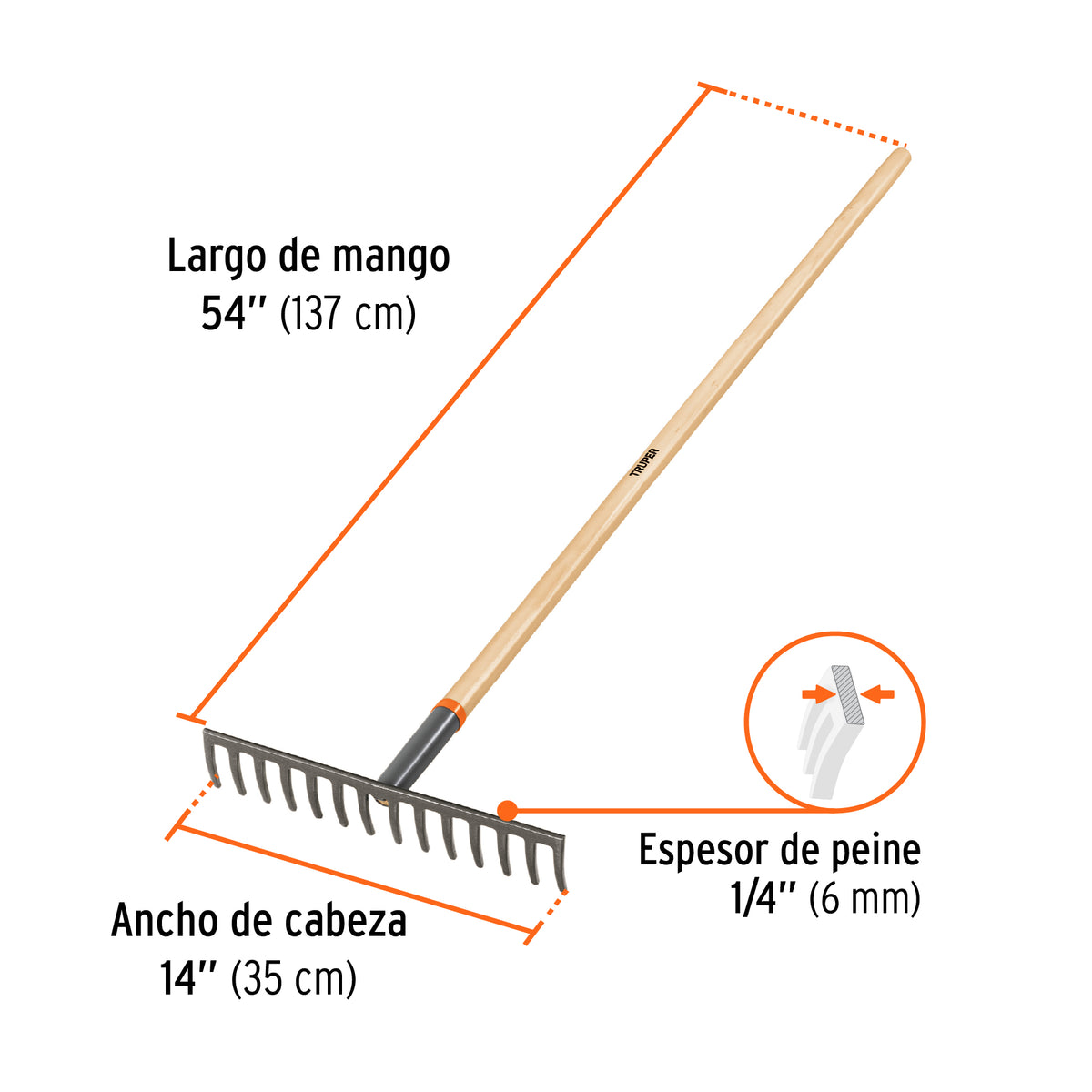 Rastrillo Recto de 14 Dientes, Mango de 54', Truper