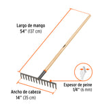 Rastrillo Recto de 14 Dientes, Mango de 54', Truper