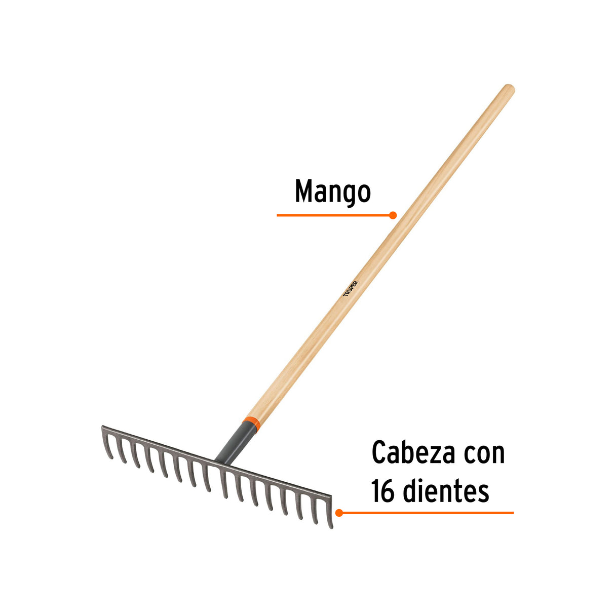 Rastrillo Recto de 16 Dientes, Mango de 60', Truper