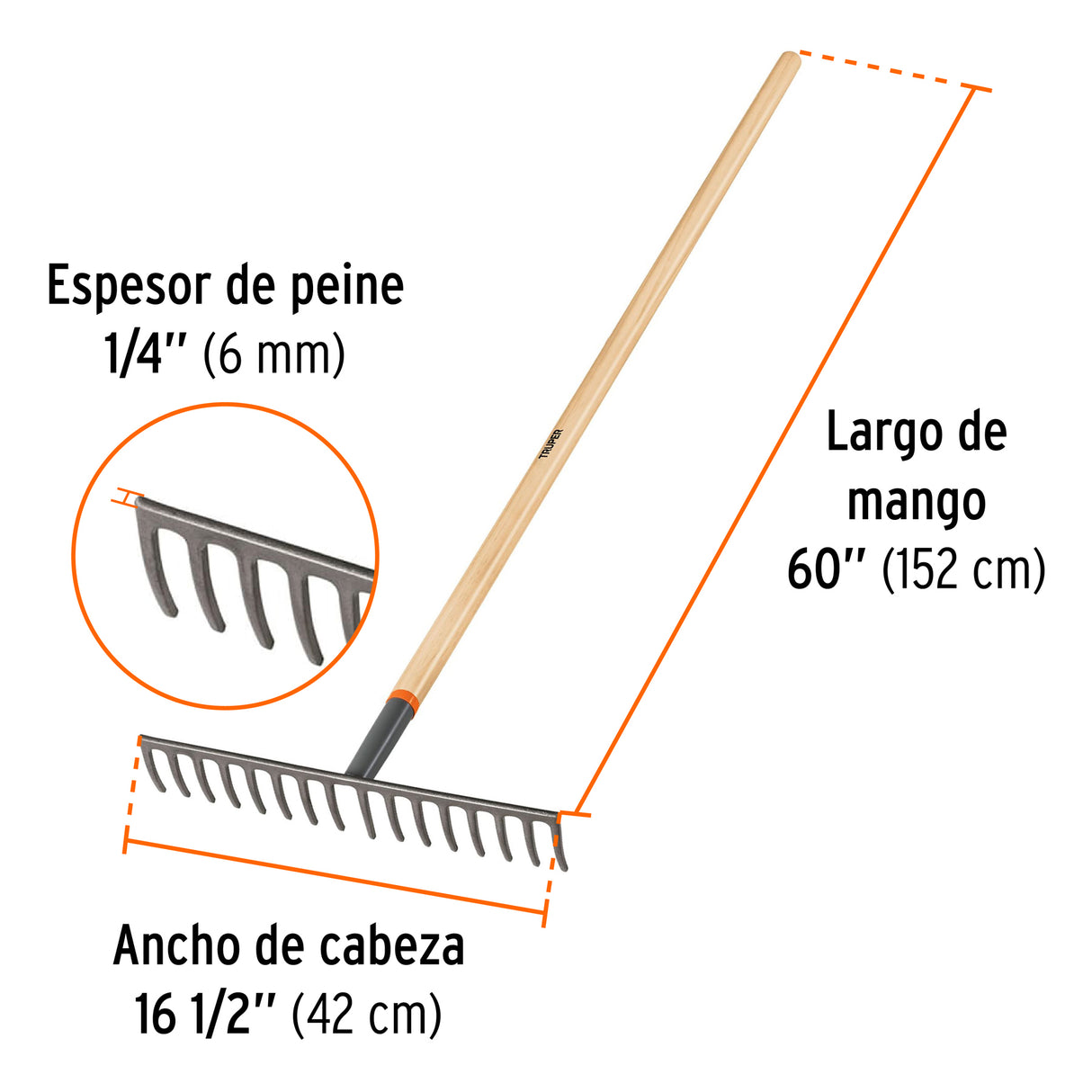 Rastrillo Recto de 16 Dientes, Mango de 60', Truper