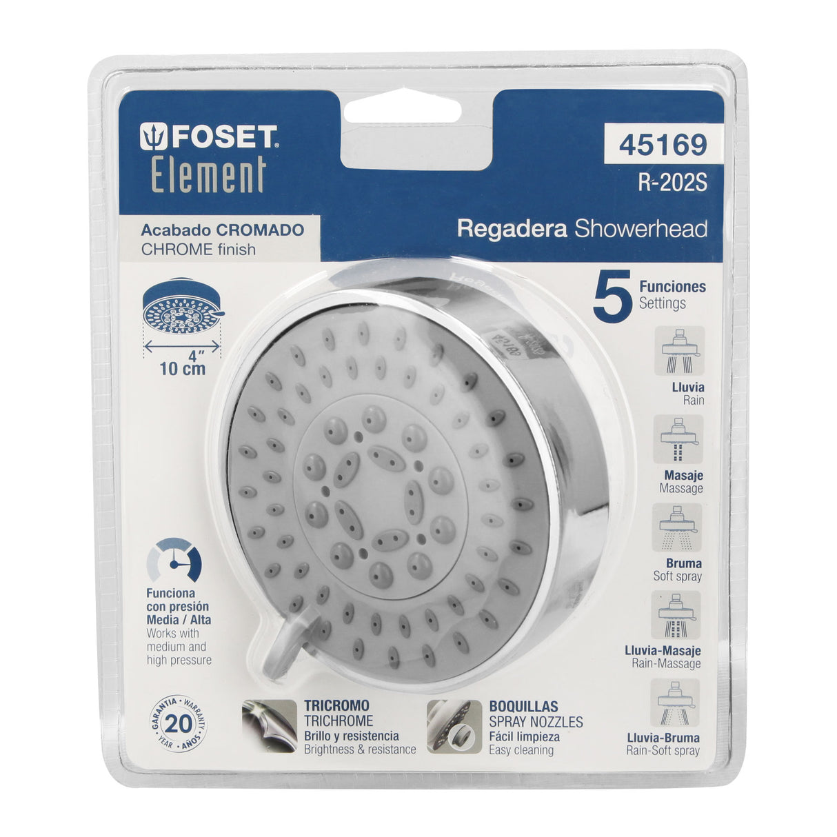 Regadera Cromo 4'con 5 Funciones, sin Brazo, Foset Element