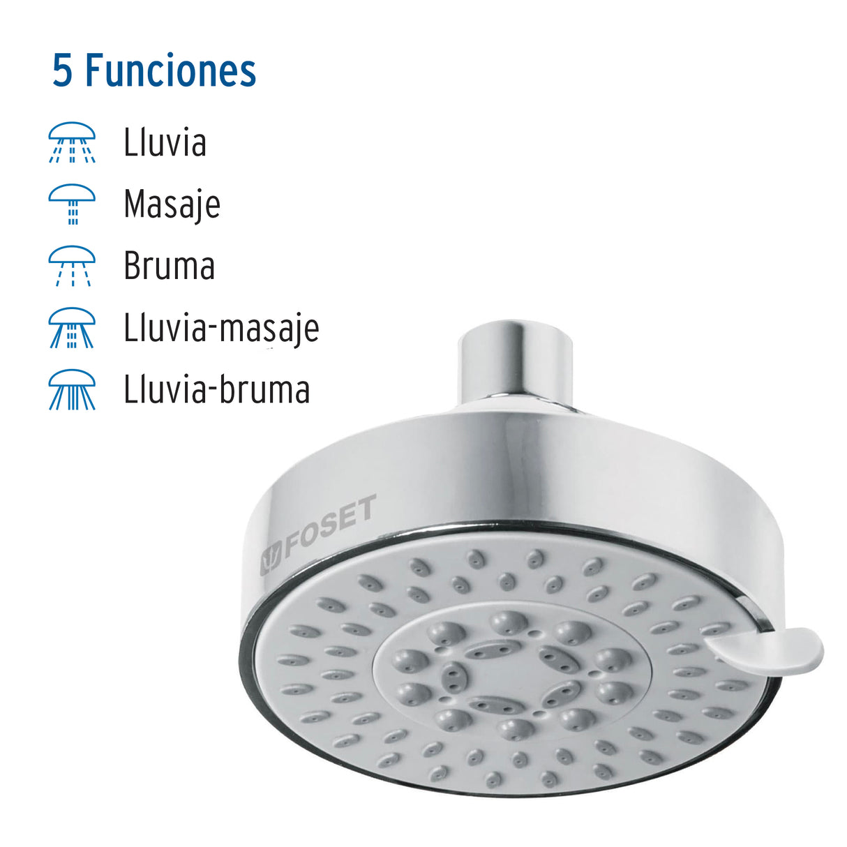Regadera Cromo 4'con 5 Funciones, sin Brazo, Foset Element