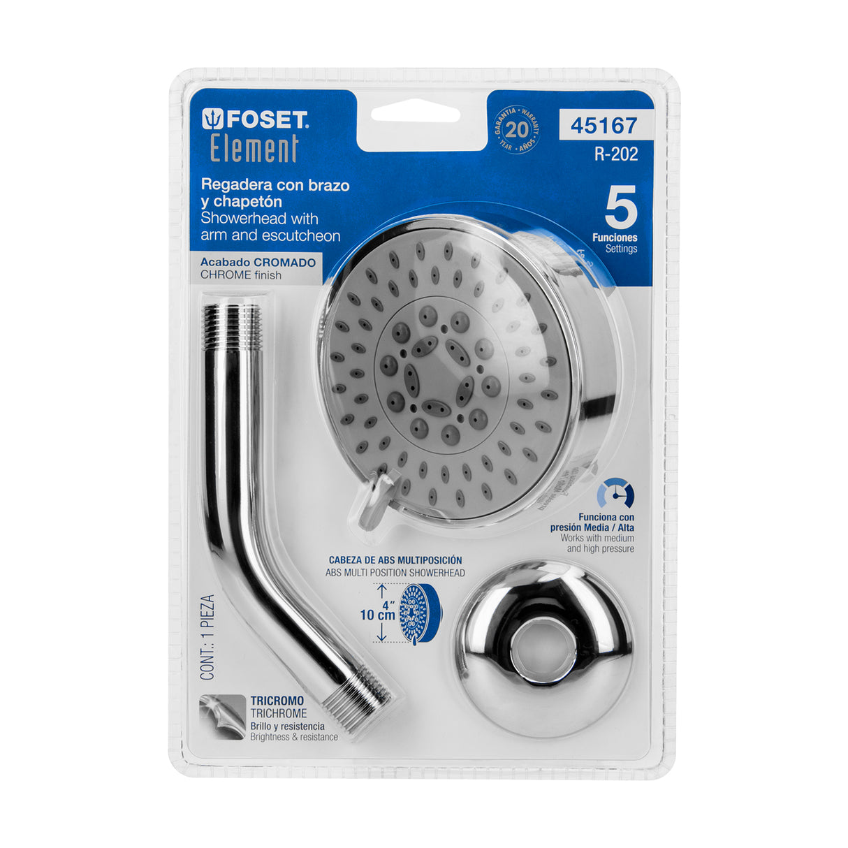 Regadera Cromo 4'con 5 Funciones, con Brazo, Foset Element