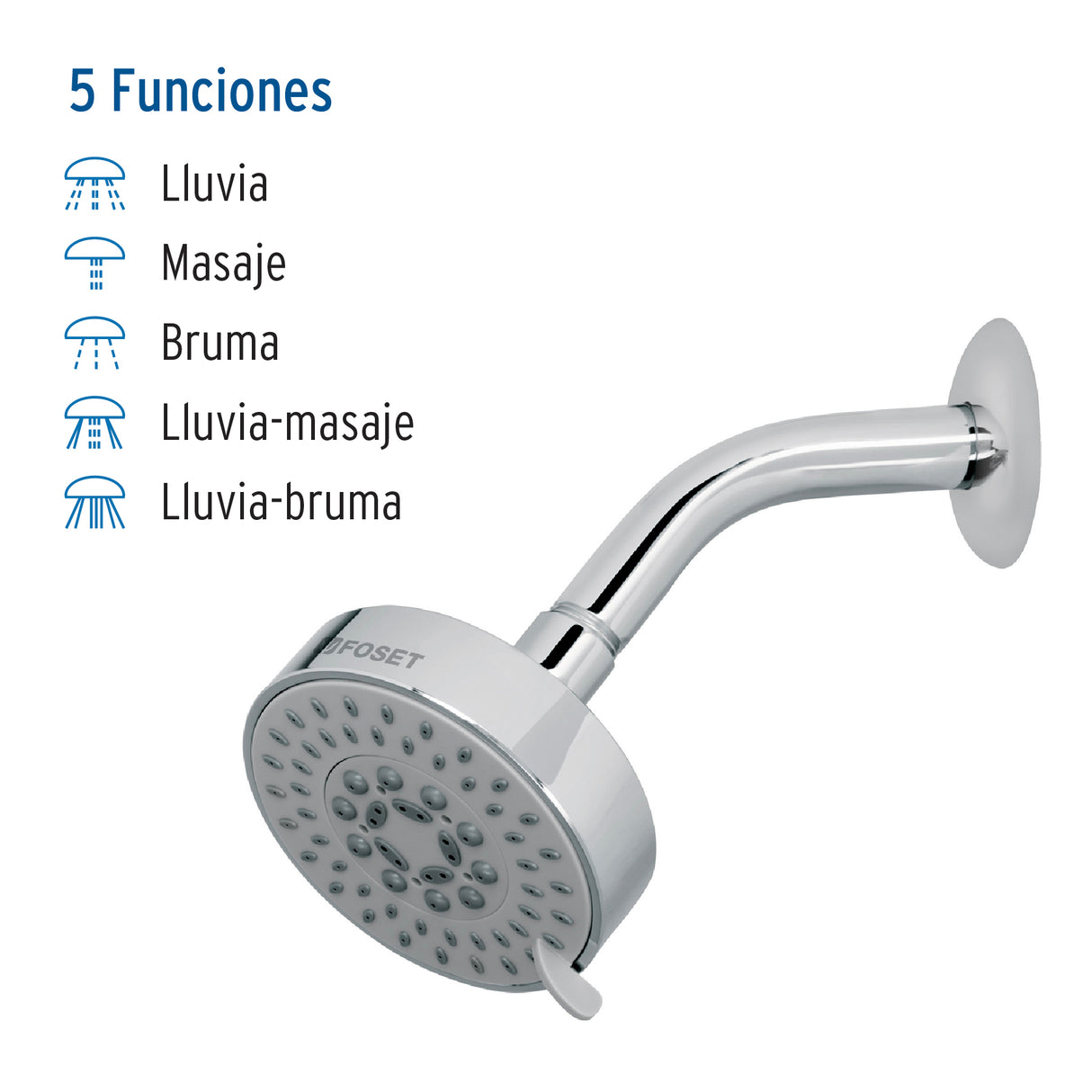 Regadera Cromo 4'con 5 Funciones, con Brazo, Foset Element