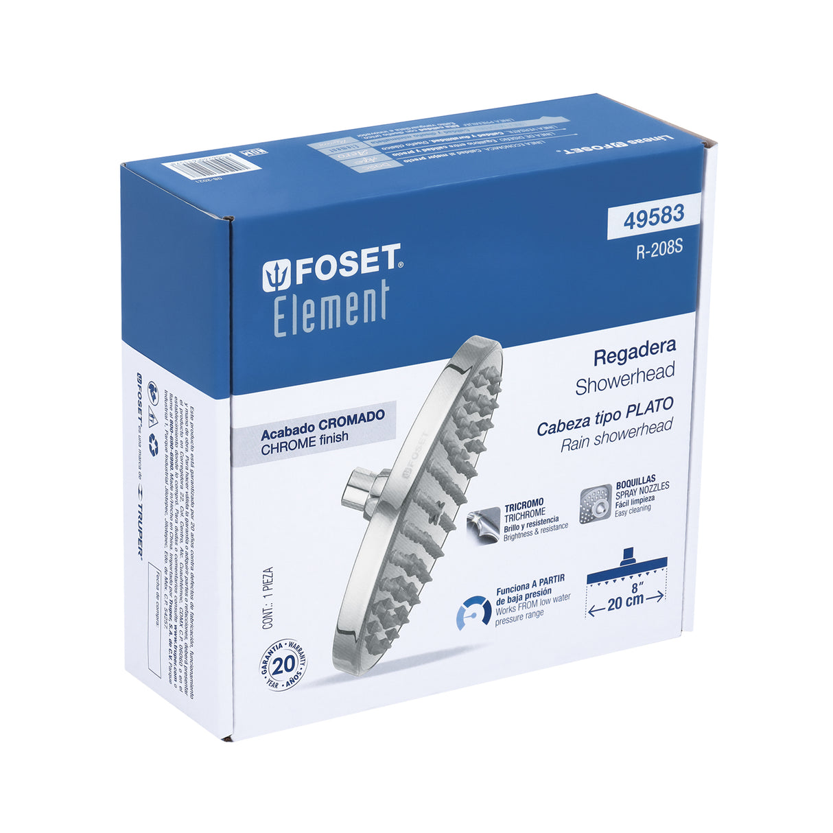 Regadera Cromo 8' Plato Redondo, sin Brazo, Foset Element