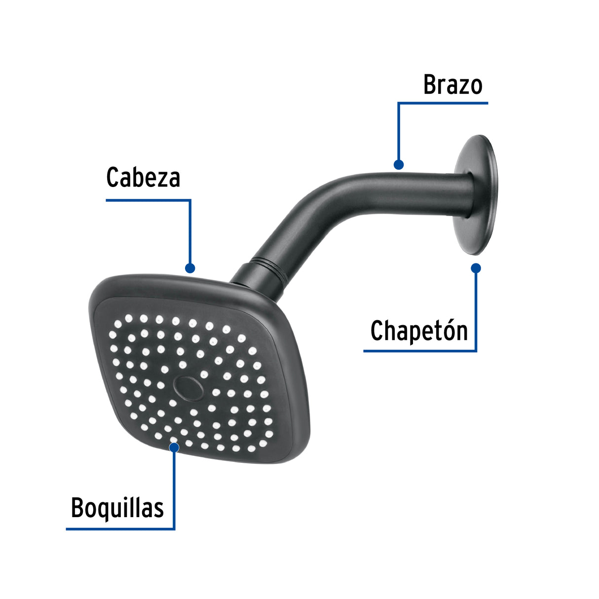 Regadera Cuadrada 3-3/4' Brazo y Chapetón, Negro, Basic