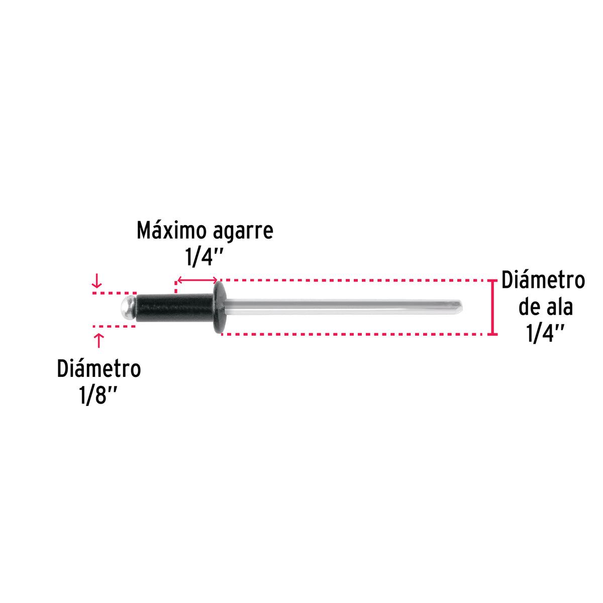 Bolsa C/50 Remaches 1/8'X1/4' Negros de Aluminio, Ala 1/4'