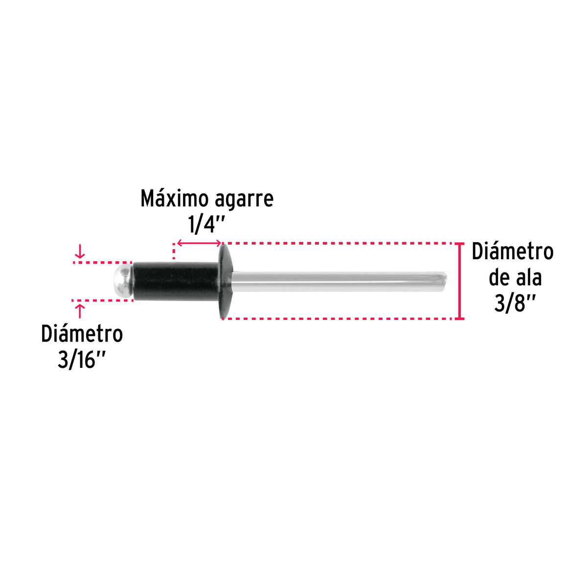 Bolsa C/50 Remaches 3/16'X1/4' Negros de Aluminio, Ala 3/8'