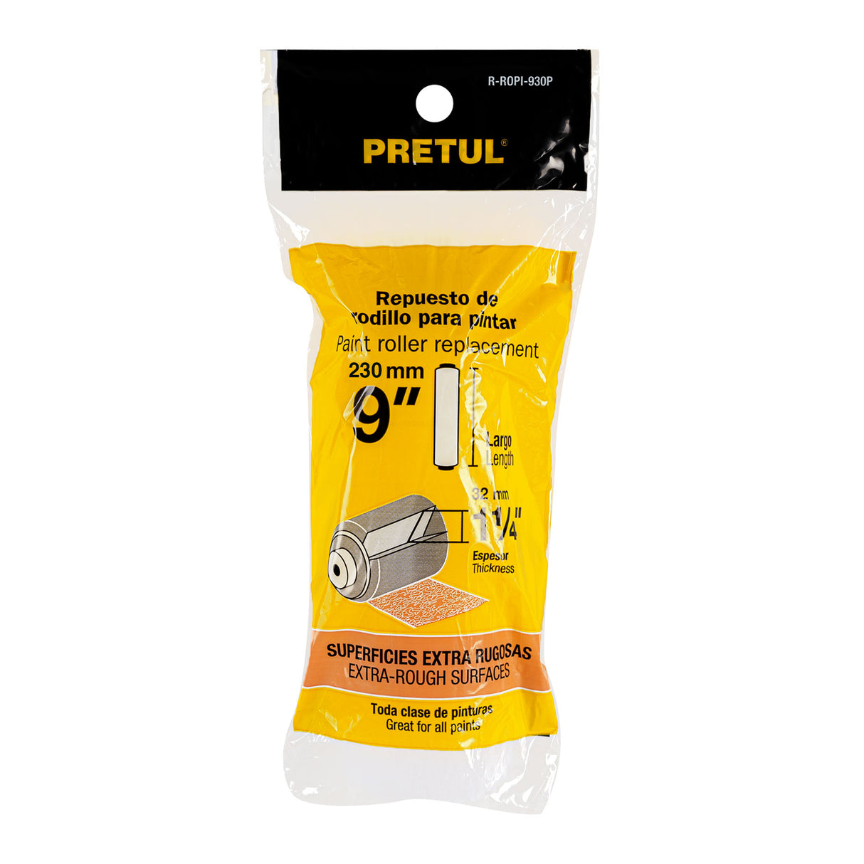 Felpa para Rodillo, 9x1-1/4, Superficies Extra Rugosas, Pretul