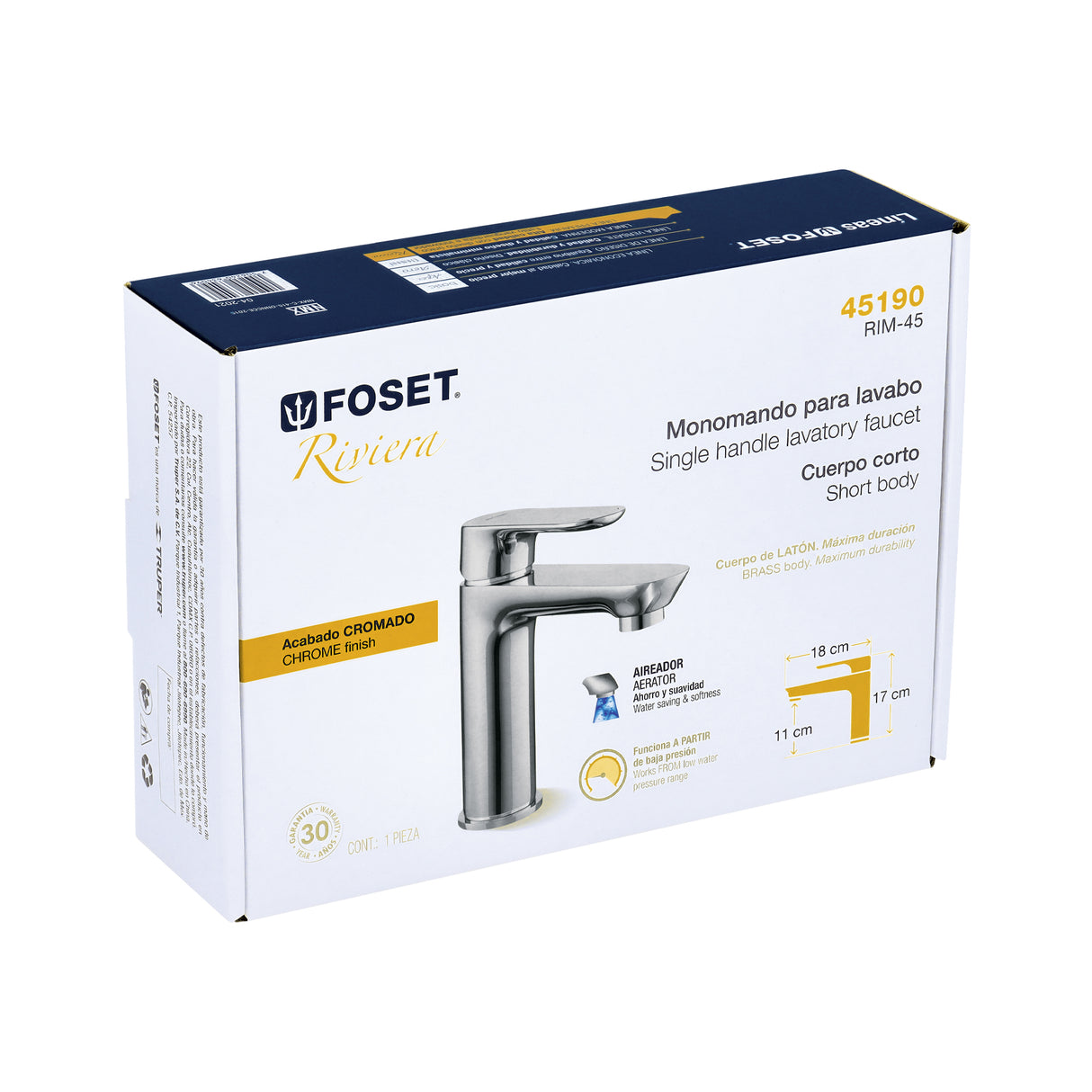 Monomando Corto para Lavabo, Cromo, Foset Riviera