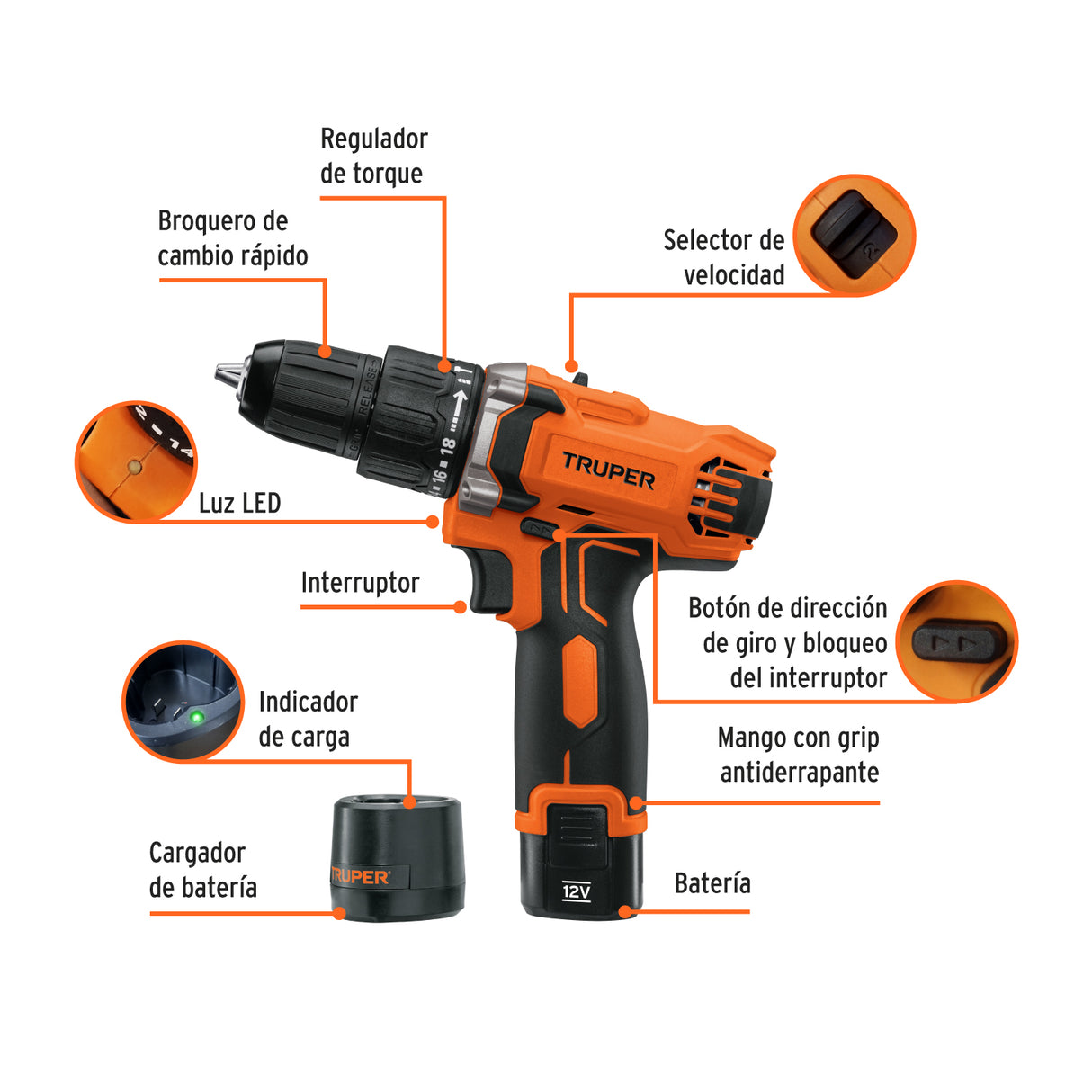 Rotomartillo Compacto 3/8', 12 V, 1 Batería 2 Ah, Pro