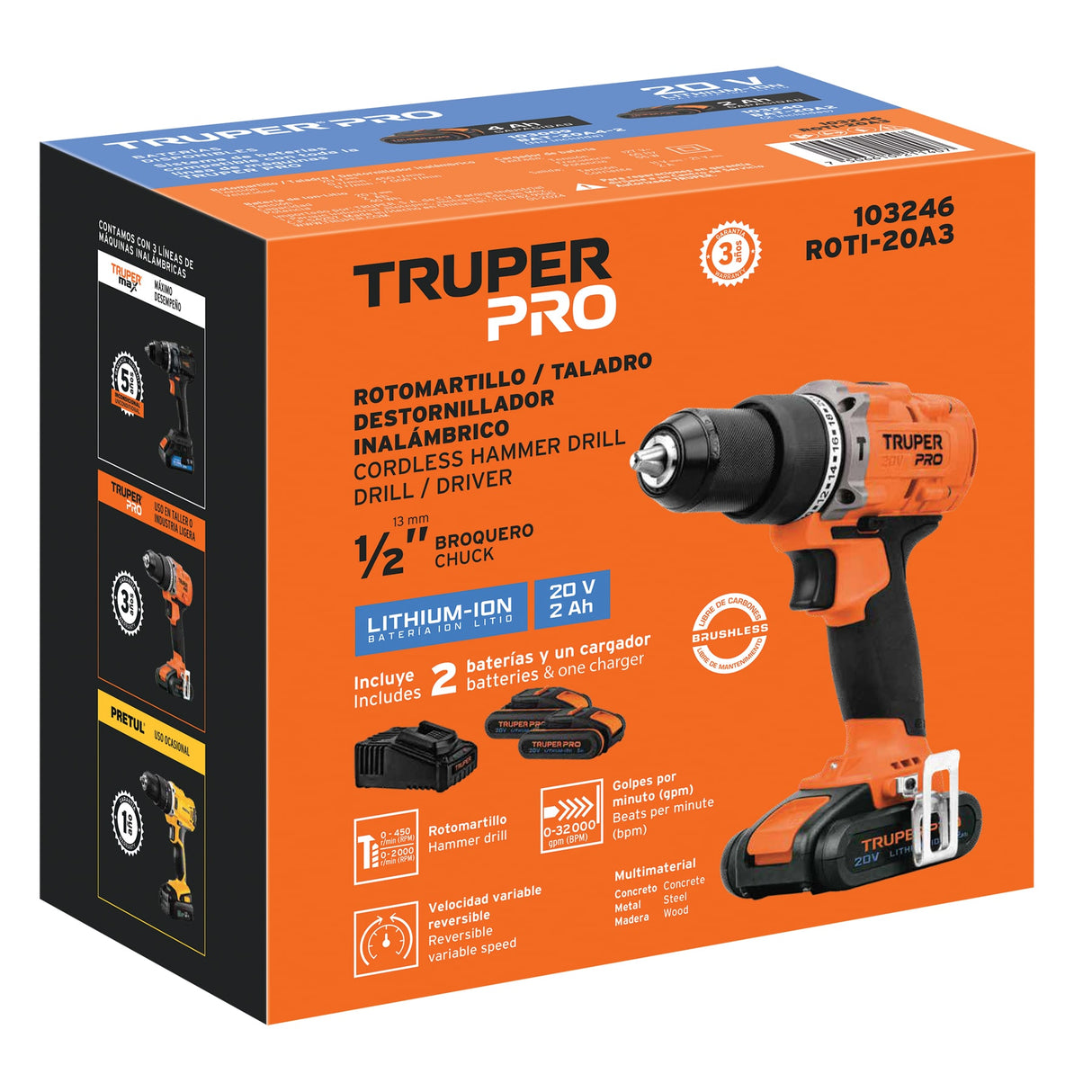 Rotomartillo 1/2', 20 V, 2 Baterías 2 Ah, Truper Pro