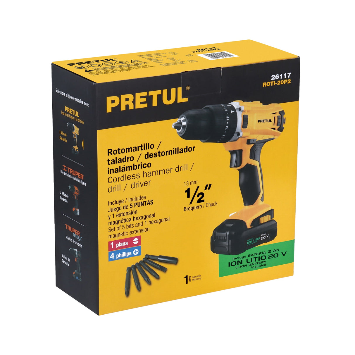 Rotomartillo 1/2', 20 V, 1 Batería 2 Ah, Pretul