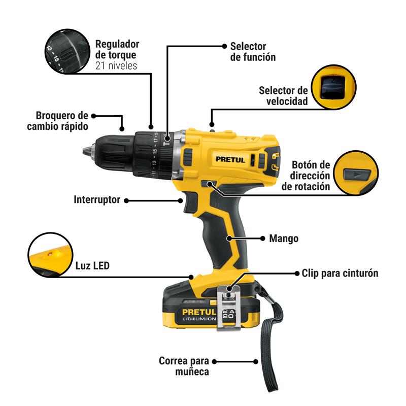 Rotomartillo 1/2', 20 V, 1 Batería 2 Ah, Pretul
