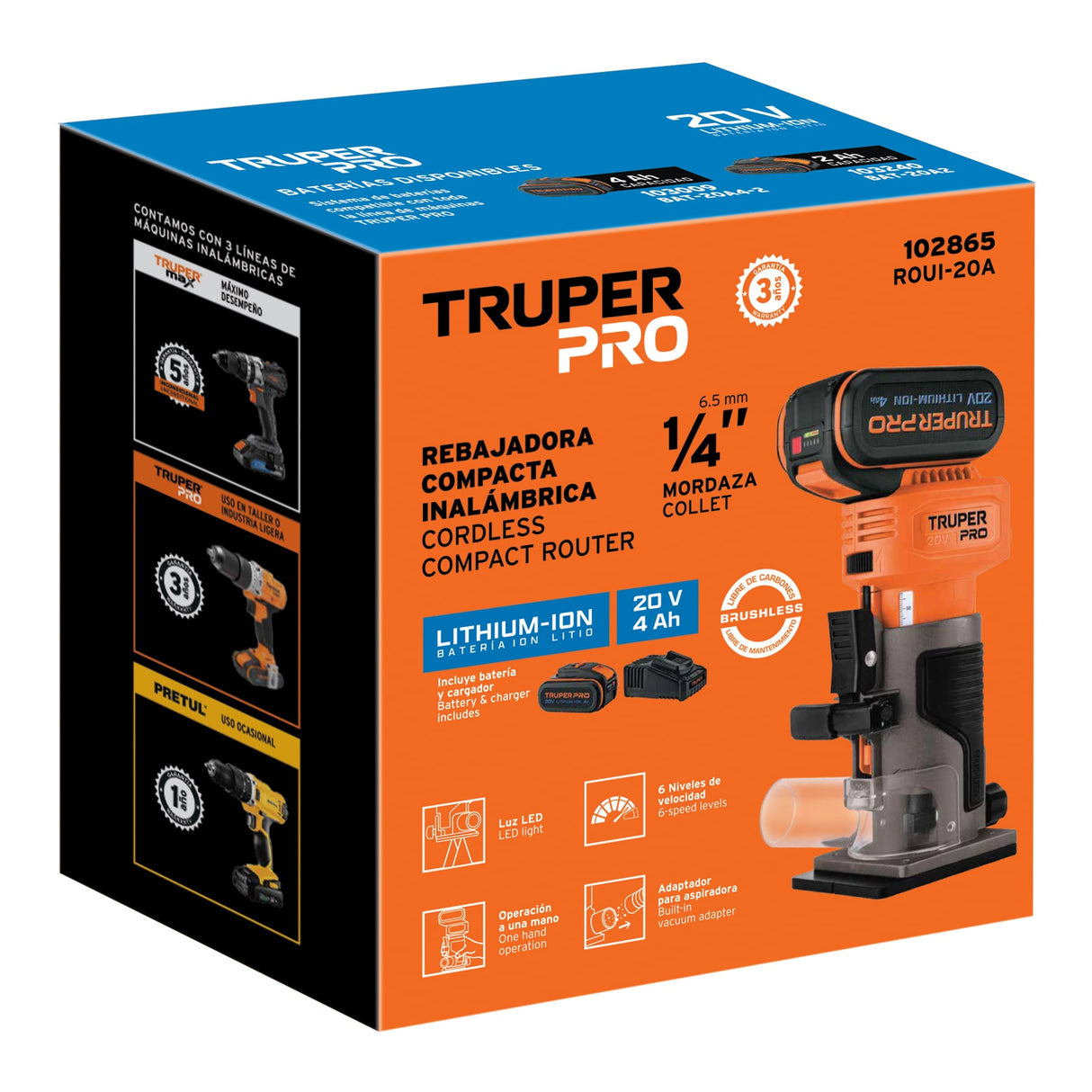 Router (Rebajadora) 1/4', 1 Batería 4 Ah, Truper Pro