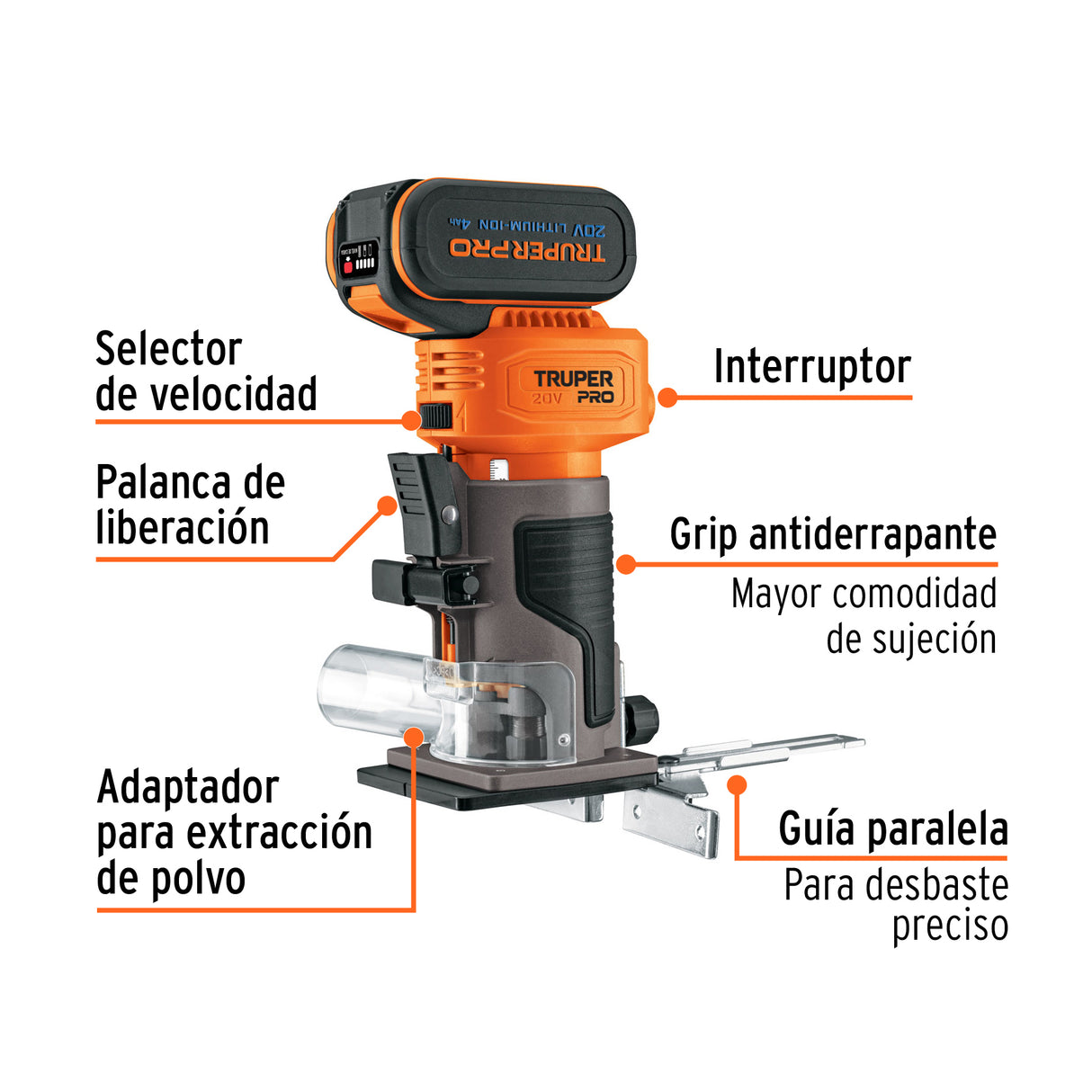 Router (Rebajadora) 1/4', 1 Batería 4 Ah, Truper Pro