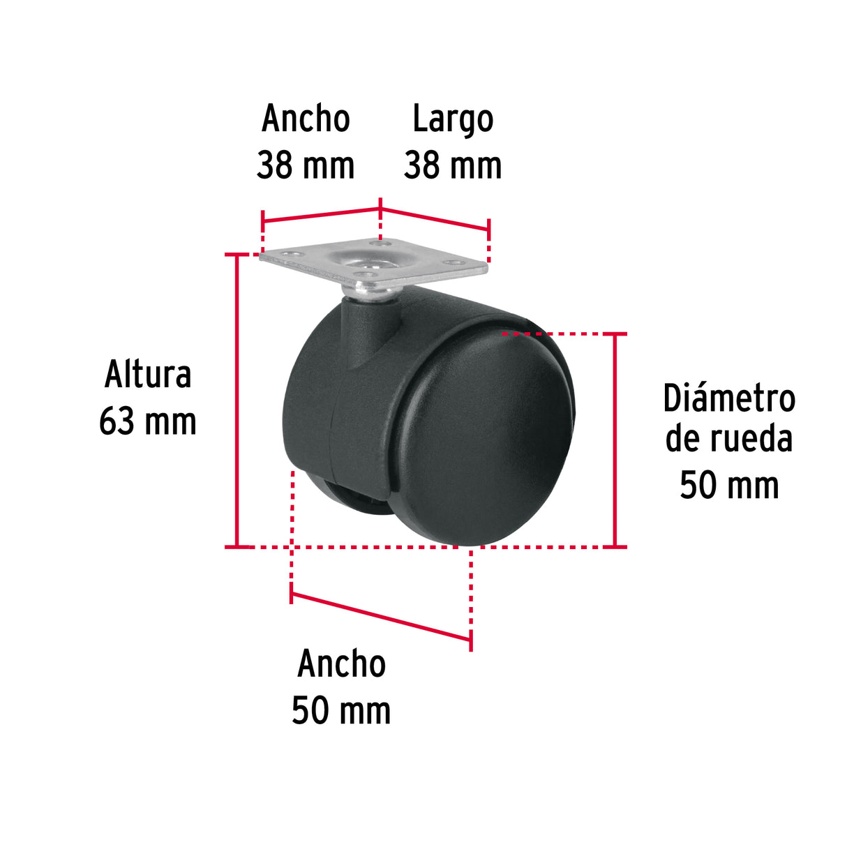 Rodaja Tipo Yoyo de 50 mm con Placa, sin Freno, Fiero