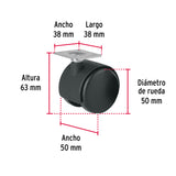 Rodaja Tipo Yoyo de 50 mm con Placa, sin Freno, Fiero