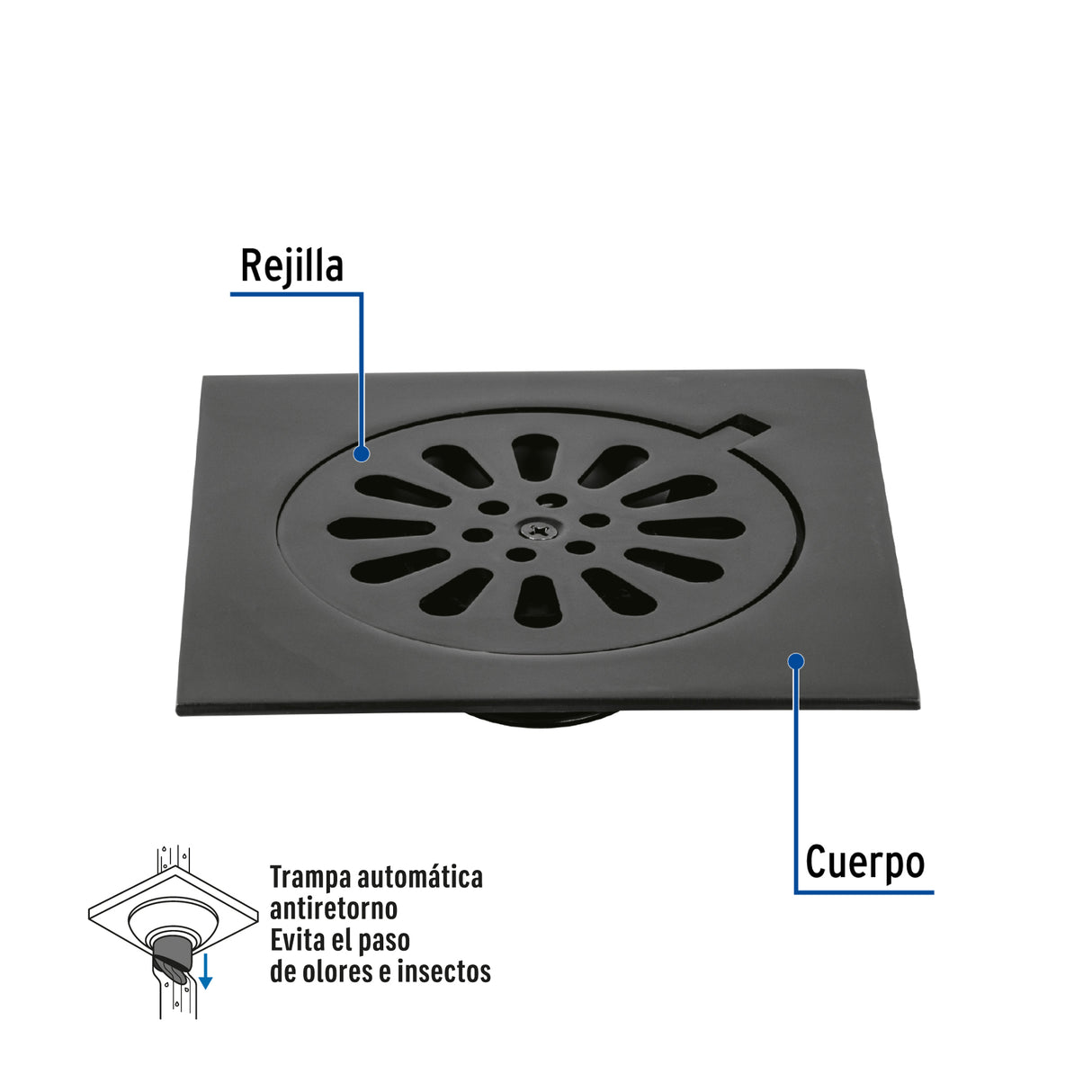 Resumidero Cuadrado 6 X 6', Latón, Negro, Foset Aqua