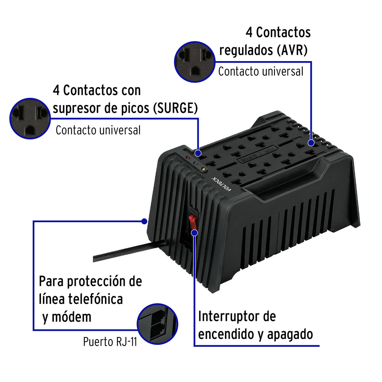 Regulador de Voltaje de 1200 Va/600 W 8 Contactos, Volteck