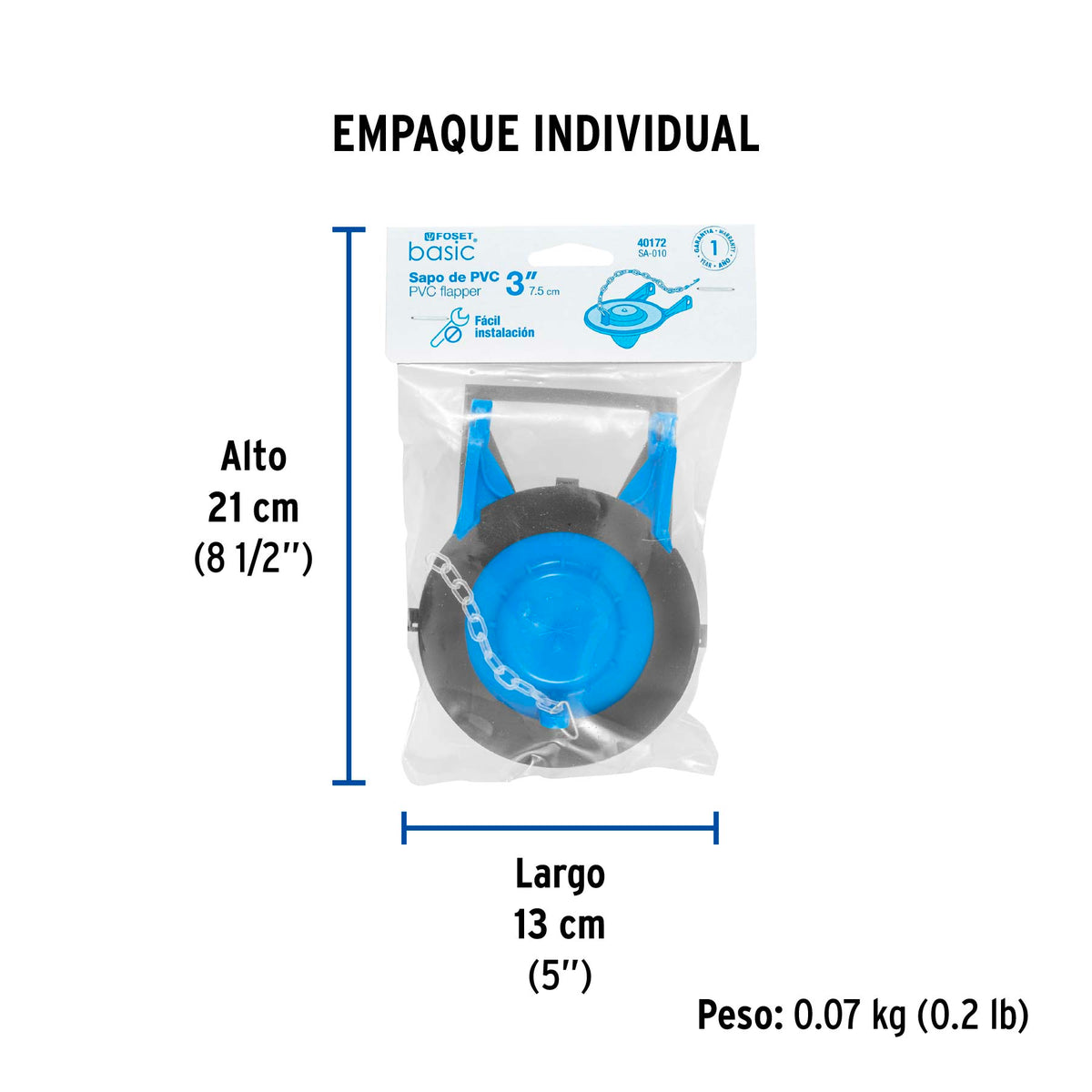 Sapo 3' para Wc, PVC, Azul, Cadena Plástica, Foset