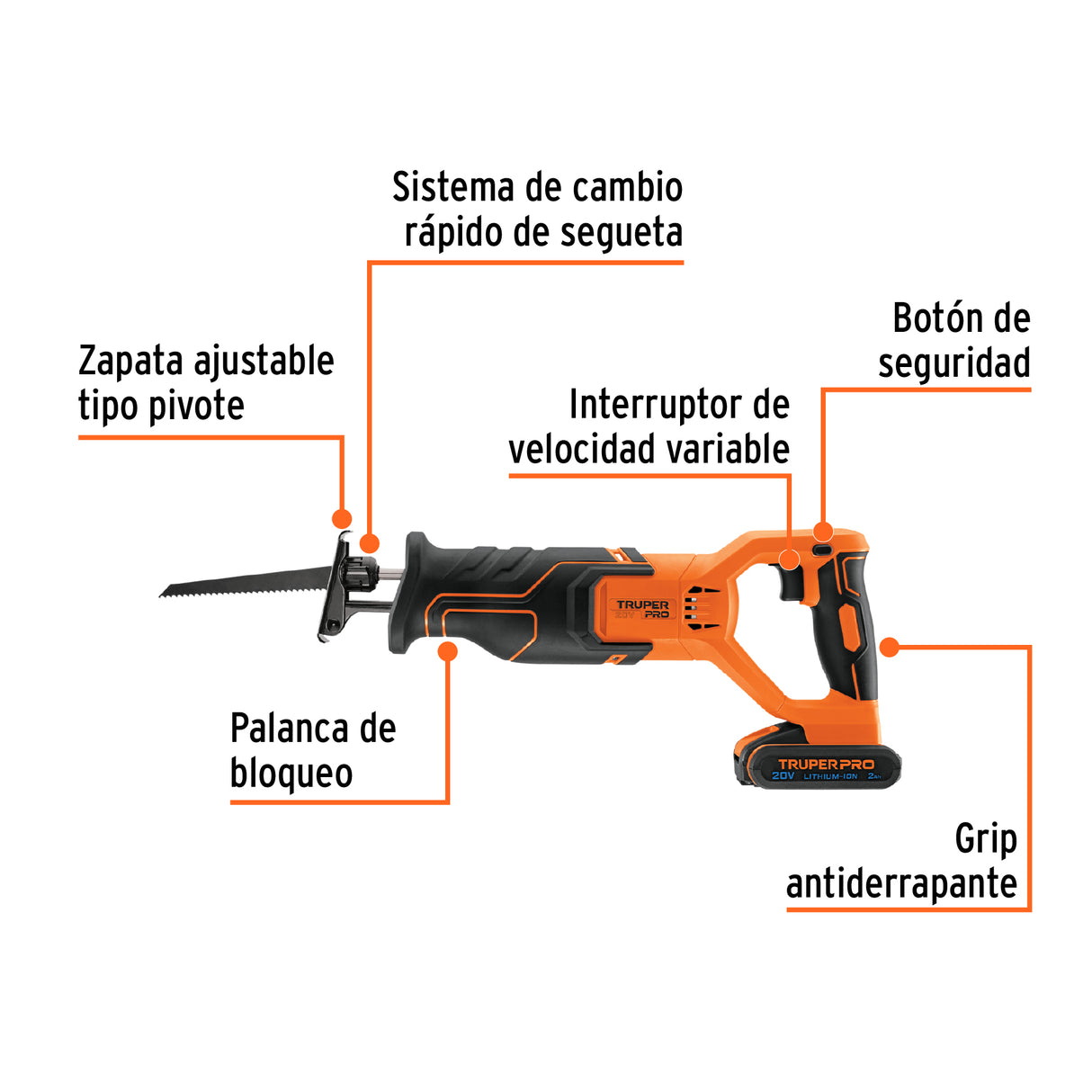 Sierra Sable, 20 V, 1 Batería 2 Ah, Truper Pro