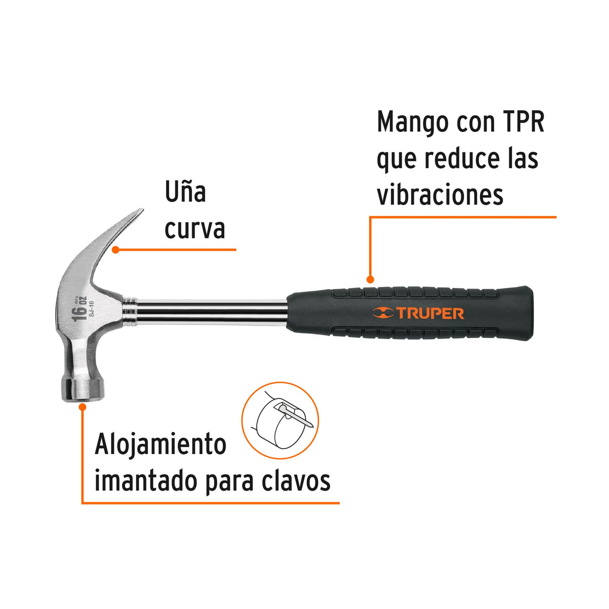 Martillo Pulido 16 Oz Uña Curva, Mango Tubular C/Neopreno