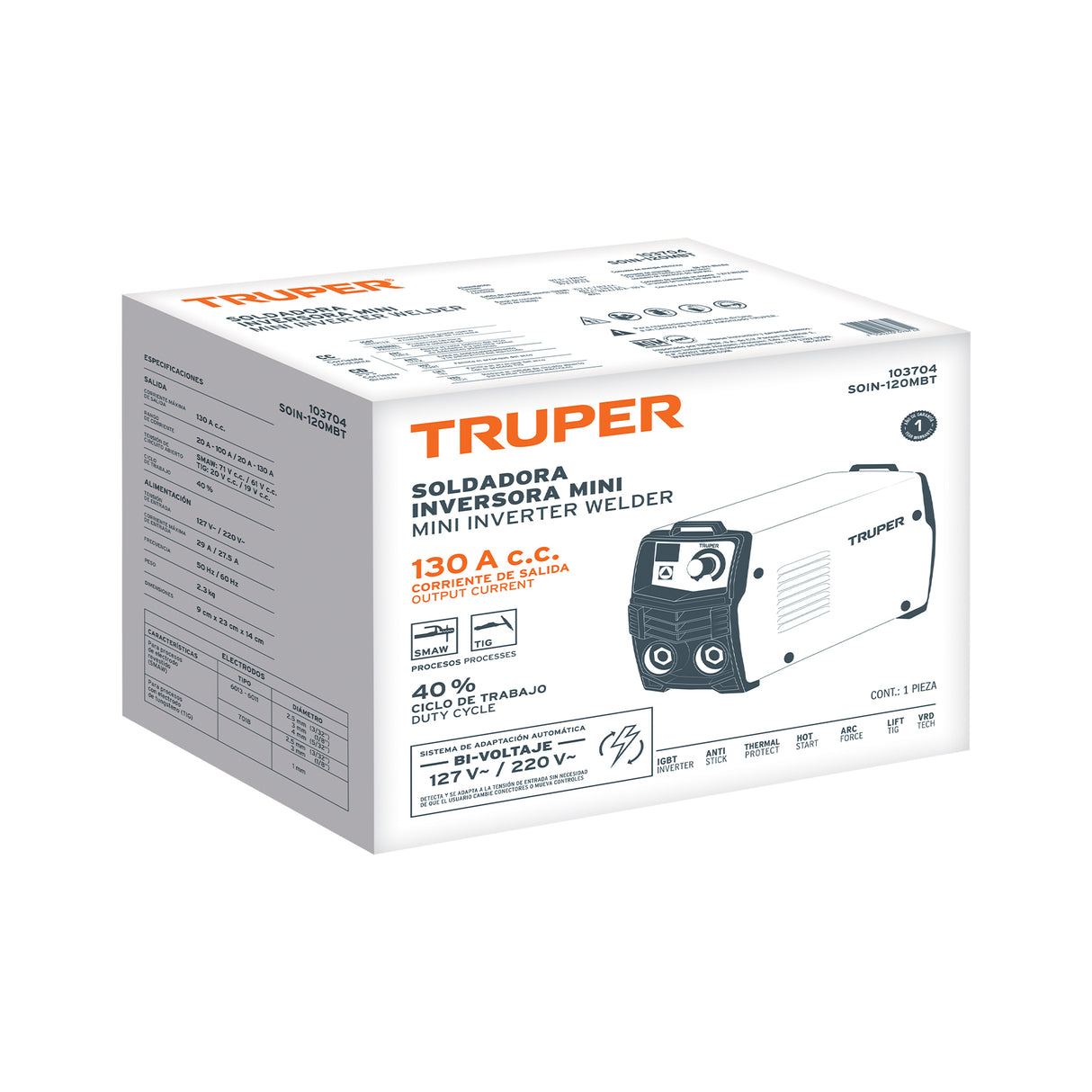 Mini Soldadora Inversora, 130 a, Bi-voltaje 127/220 V, Truper