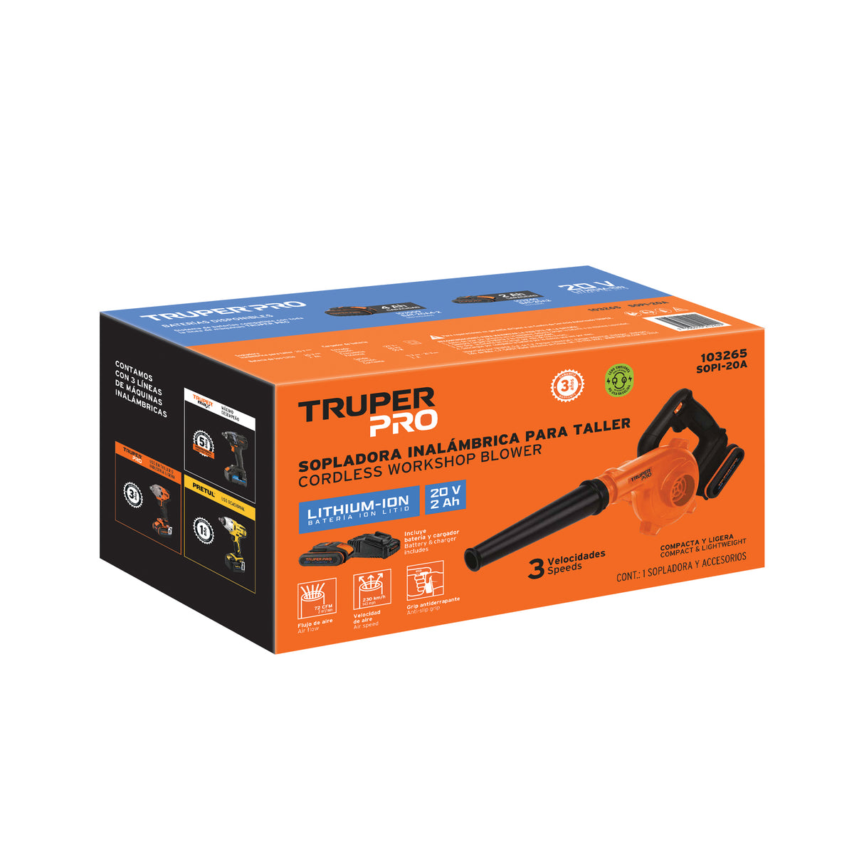Sopladora para Taller, 20 V, 1 Batería 2 Ah, Truper Pro