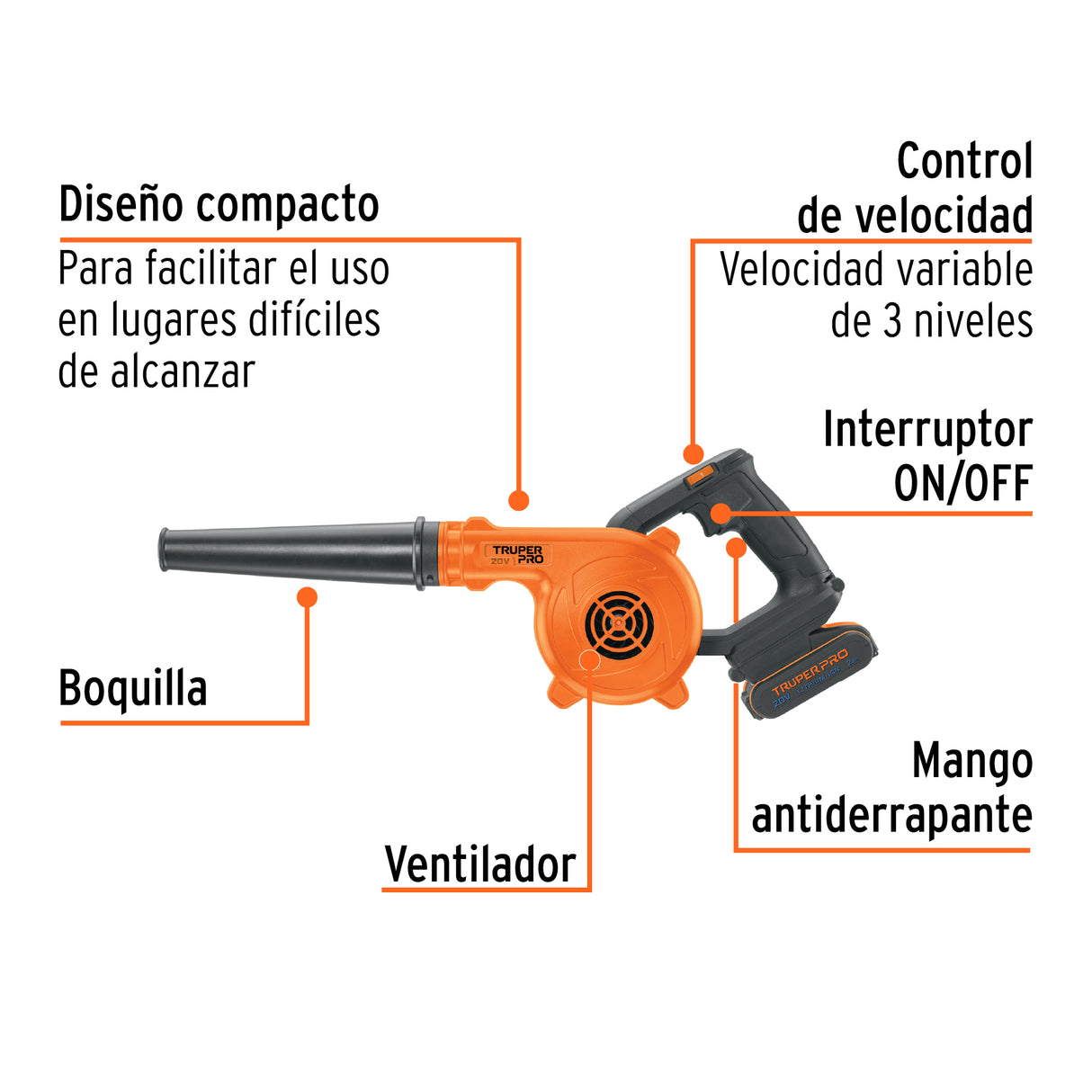 Sopladora para Taller, 20 V, 1 Batería 2 Ah, Truper Pro
