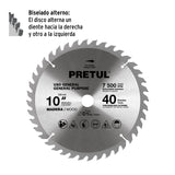 Disco Sierra 10' para Madera, 40 Dientes Centro 1', Pretul