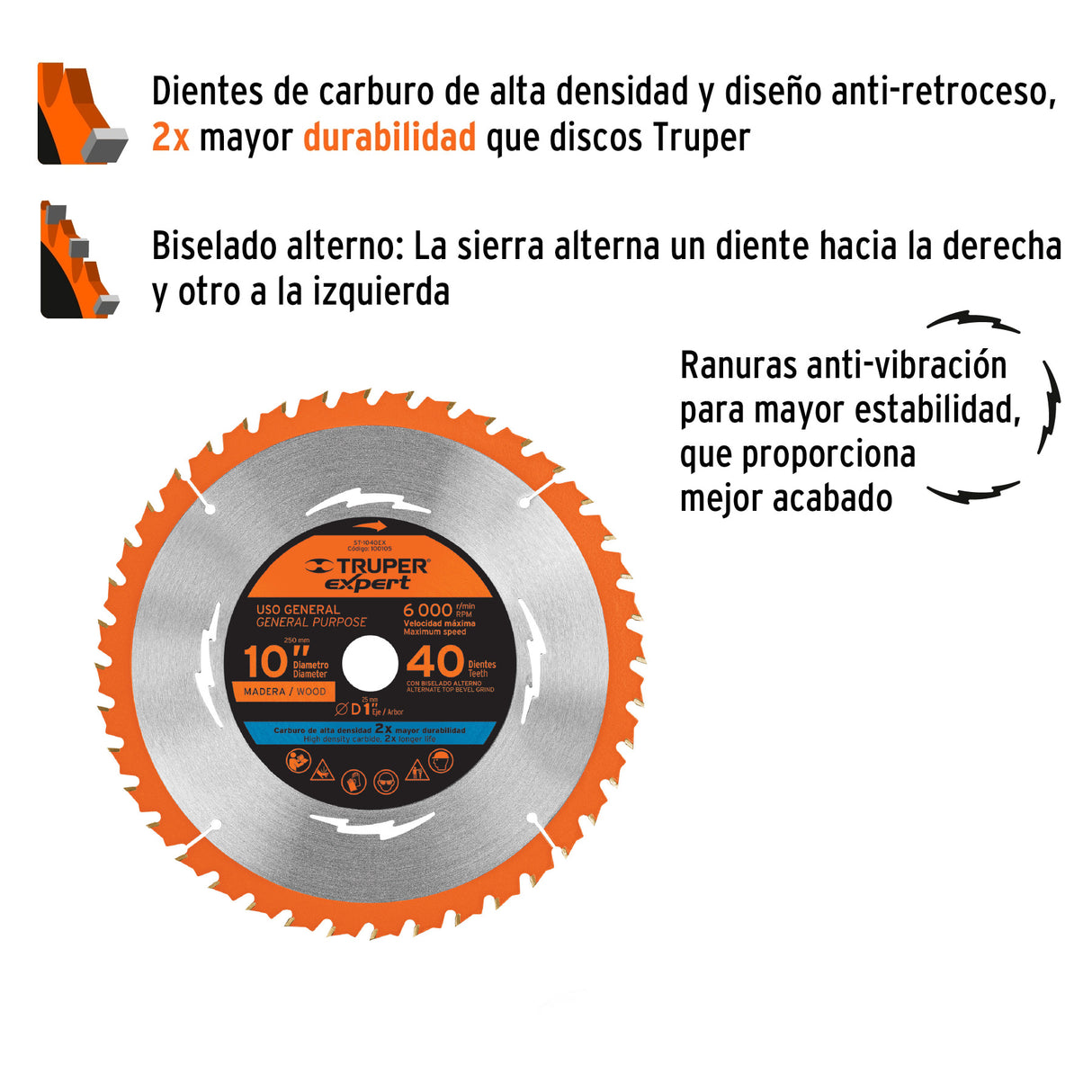 Disco Sierra 10' para Madera, 40 Dientes Centro 1', Expert