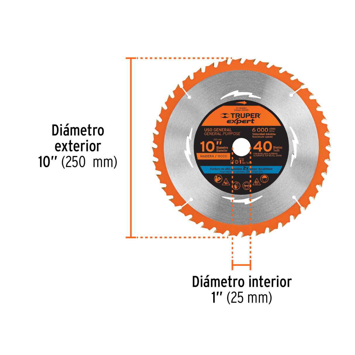 Disco Sierra 10' para Madera, 40 Dientes Centro 1', Expert