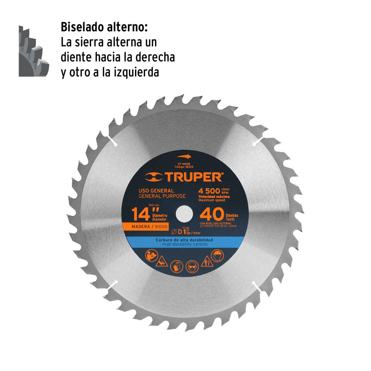 Disco Sierra 14' para Madera, 40 Dientes Centro 1', Truper