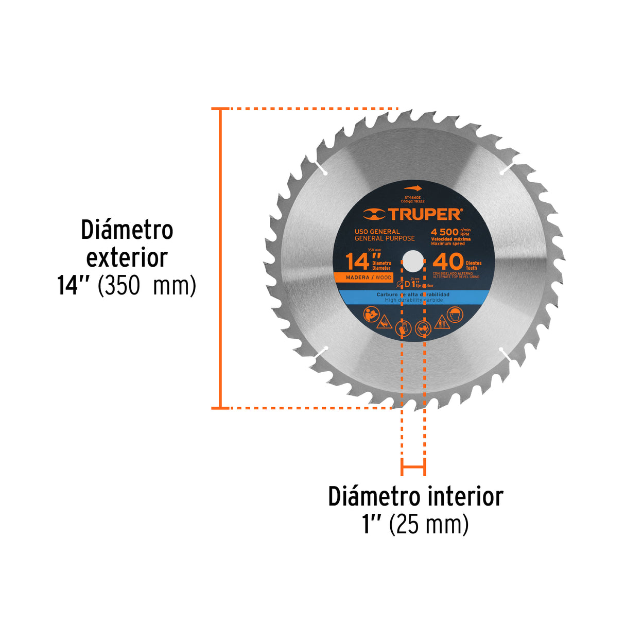 Disco Sierra 14' para Madera, 40 Dientes Centro 1', Truper